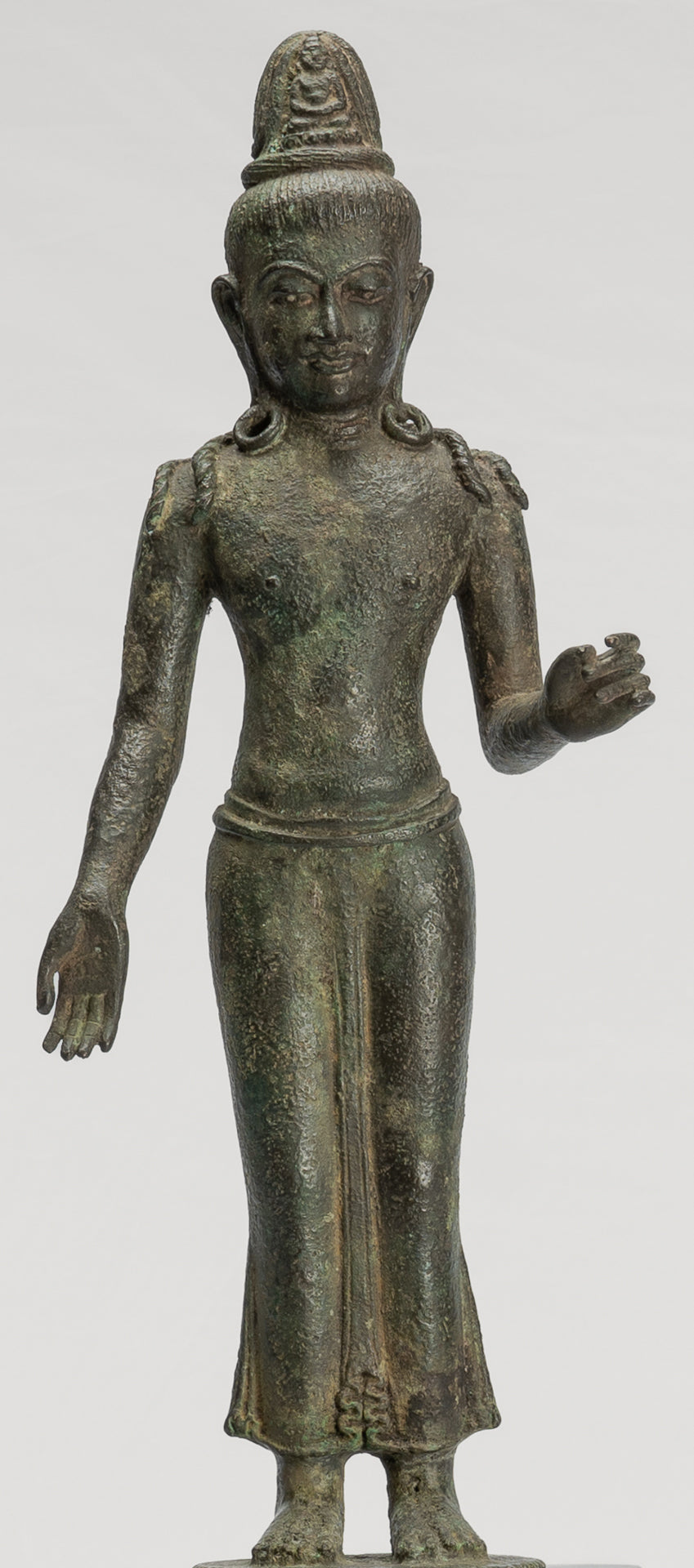 Antique Indonesian Style Javanese Majapahit Standing Bronze Lokeshvara Statue - Protector & Preserver - 44cm/18"