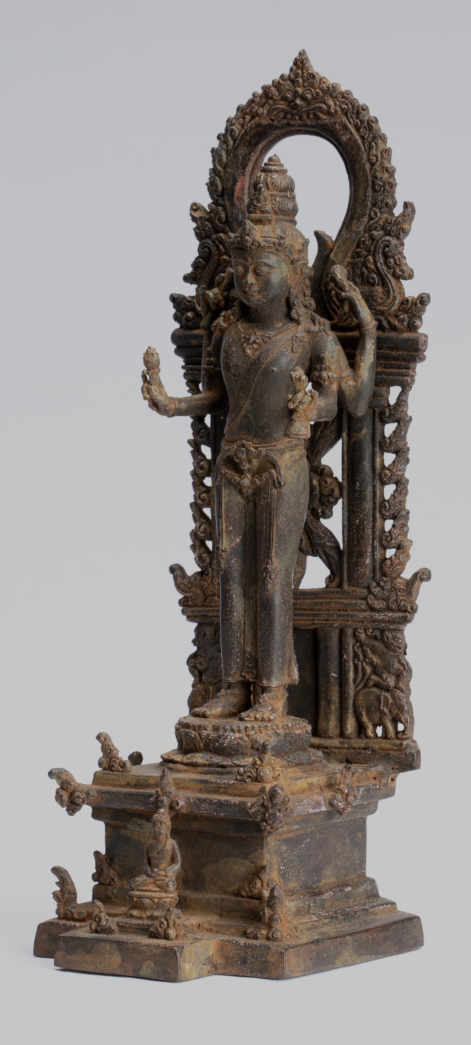 Lokeshvara Statue - Antique Indonesian Style Bronze Javanese Standing 4-Arm Lokeshvara Statue - 26cm/10"