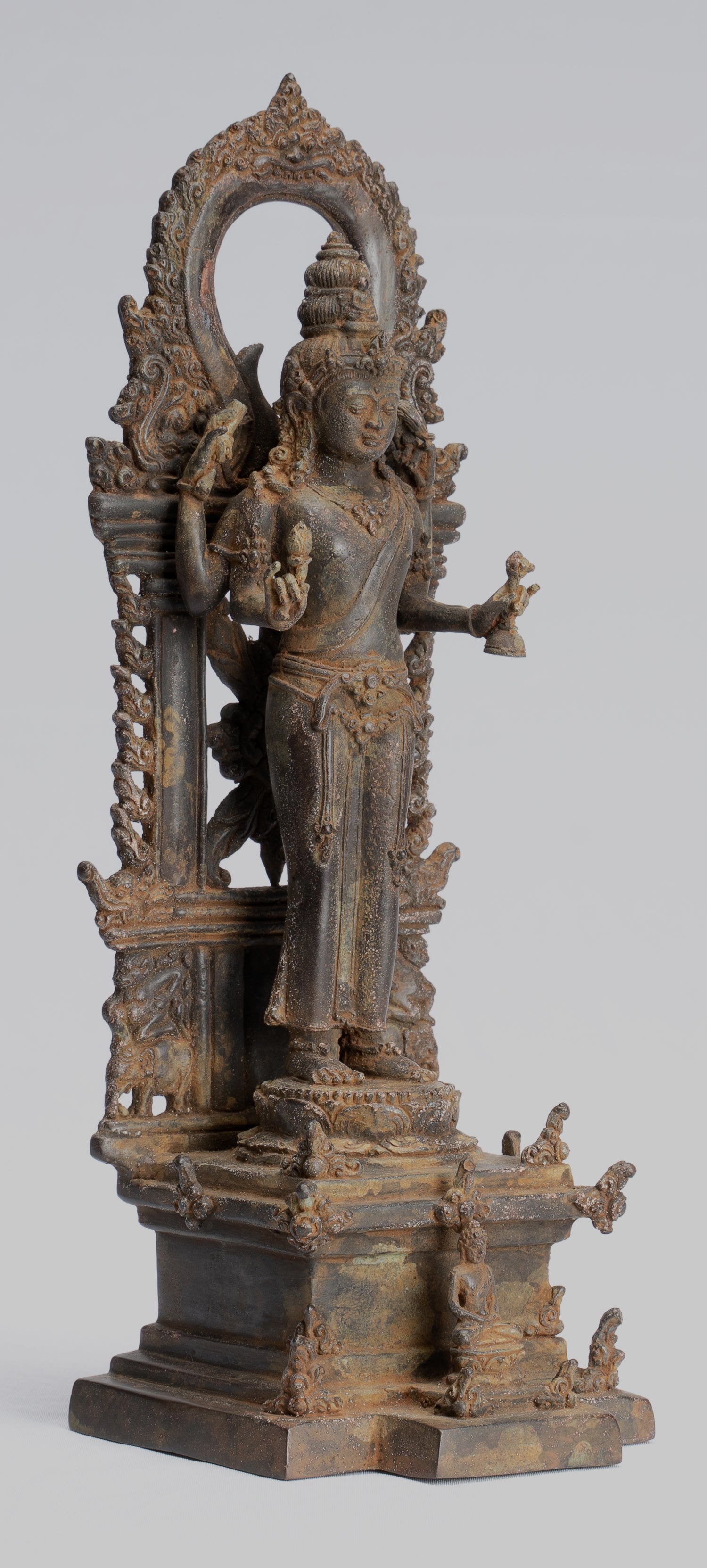 Lokeshvara Statue - Antique Indonesian Style Bronze Javanese Standing 4-Arm Lokeshvara Statue - 26cm/10"