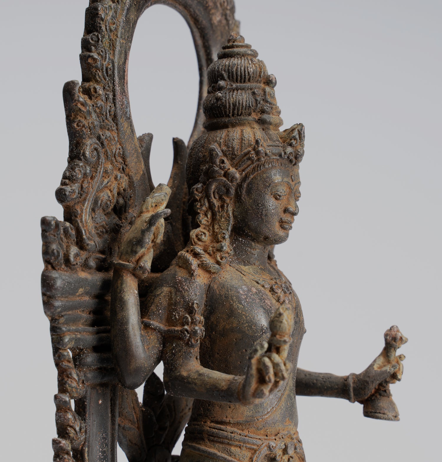Lokeshvara Statue - Antique Indonesian Style Bronze Javanese Standing 4-Arm Lokeshvara Statue - 26cm/10"