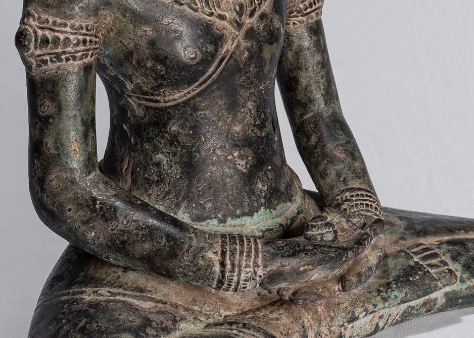 Buddha Statue - Antique Khmer Style Bronze Seated Amitbha Meditation Buddha Statue - 34cm/14"