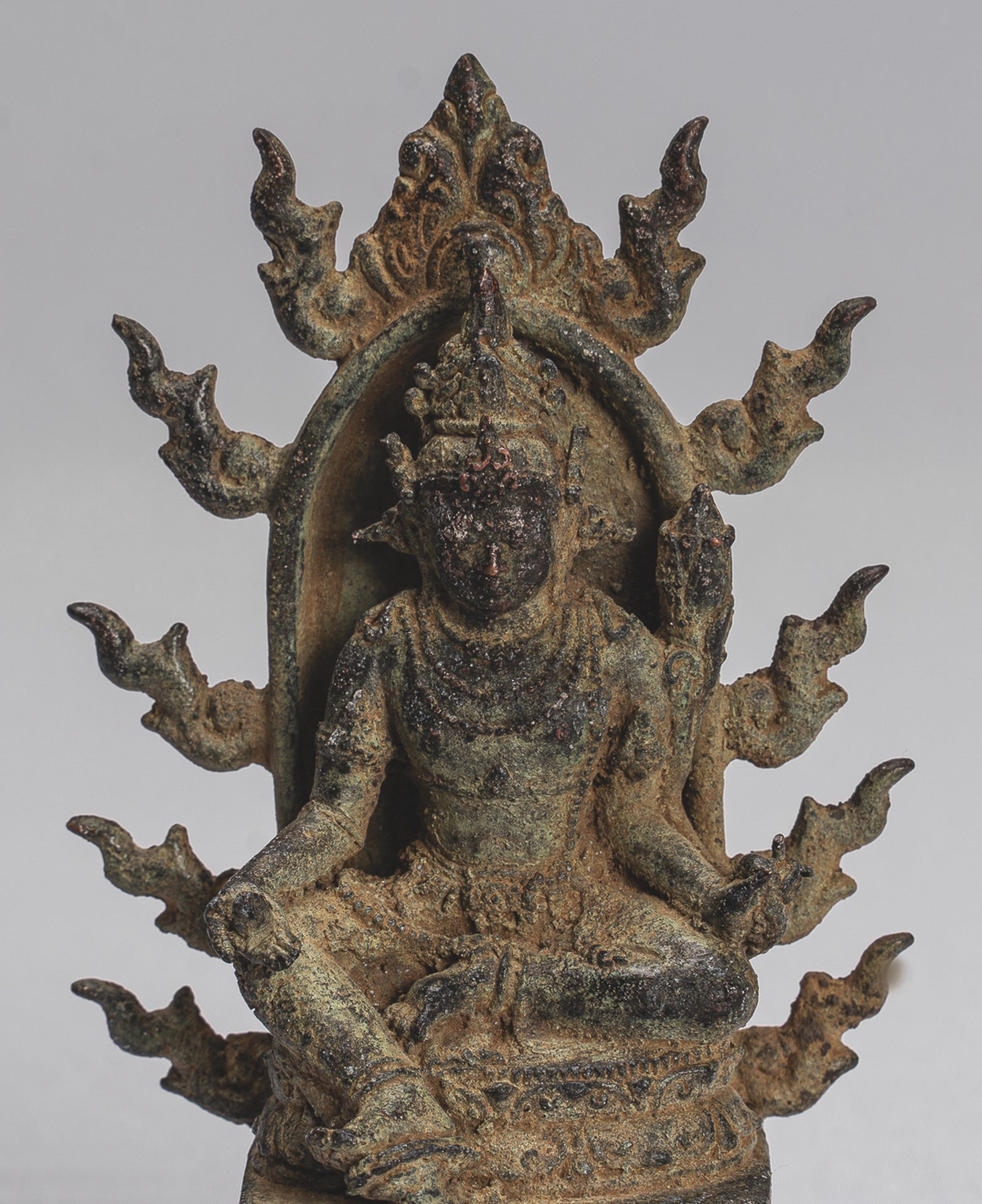 Tara Statue - Antique Java Style Majapahit Seated Bronze Devi Tara Statue - 13cm/5"