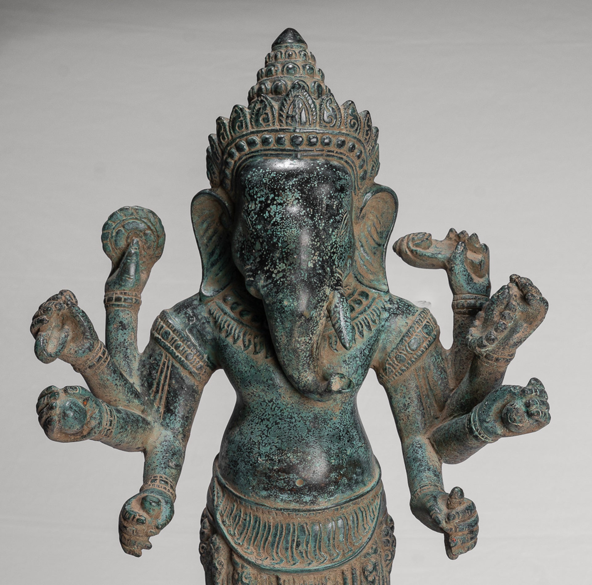 Antique Khmer Style Mounted Standing Bronze Angkor Wat Ganesha Statue - 55cm/22"