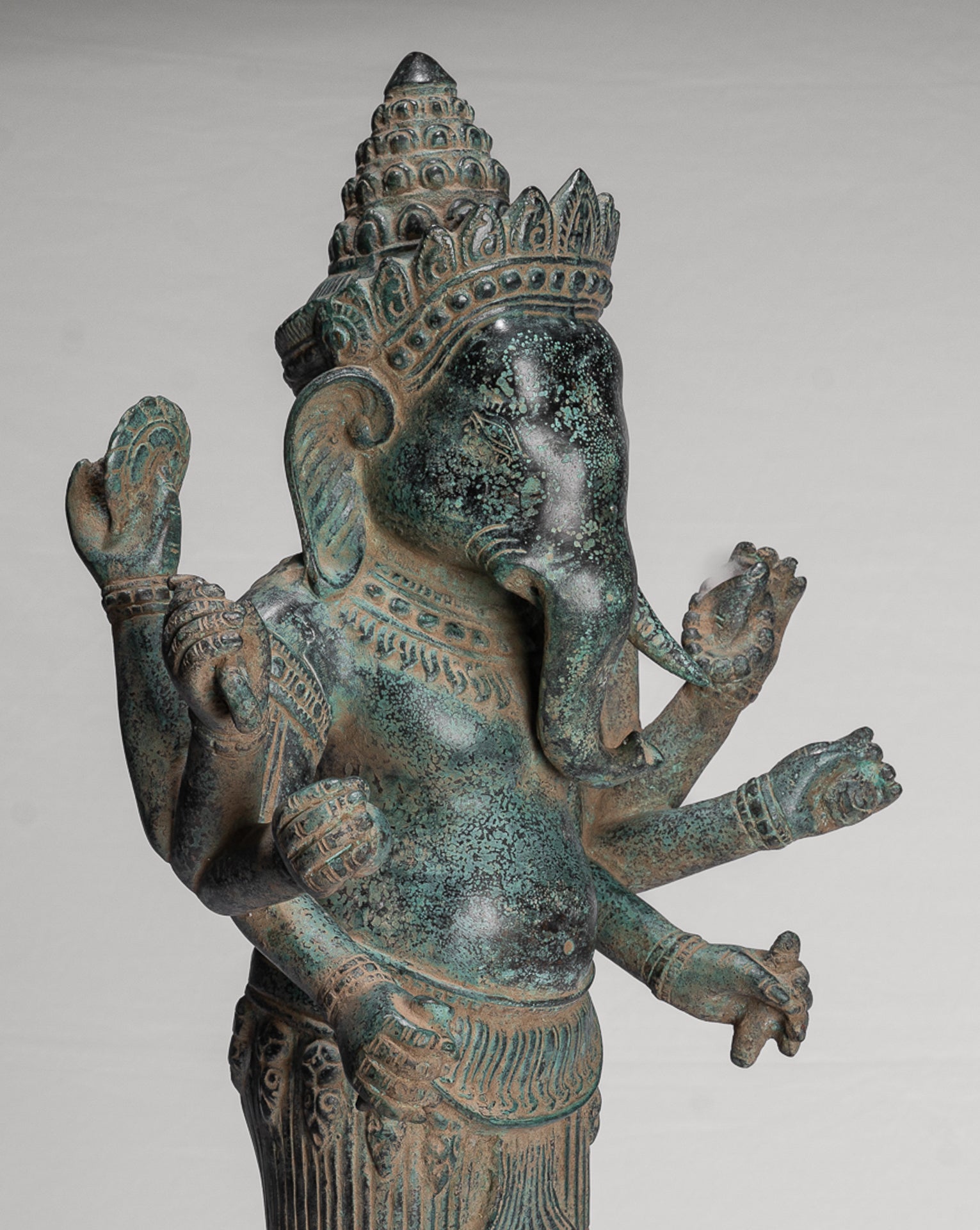 Antique Khmer Style Mounted Standing Bronze Angkor Wat Ganesha Statue - 55cm/22"