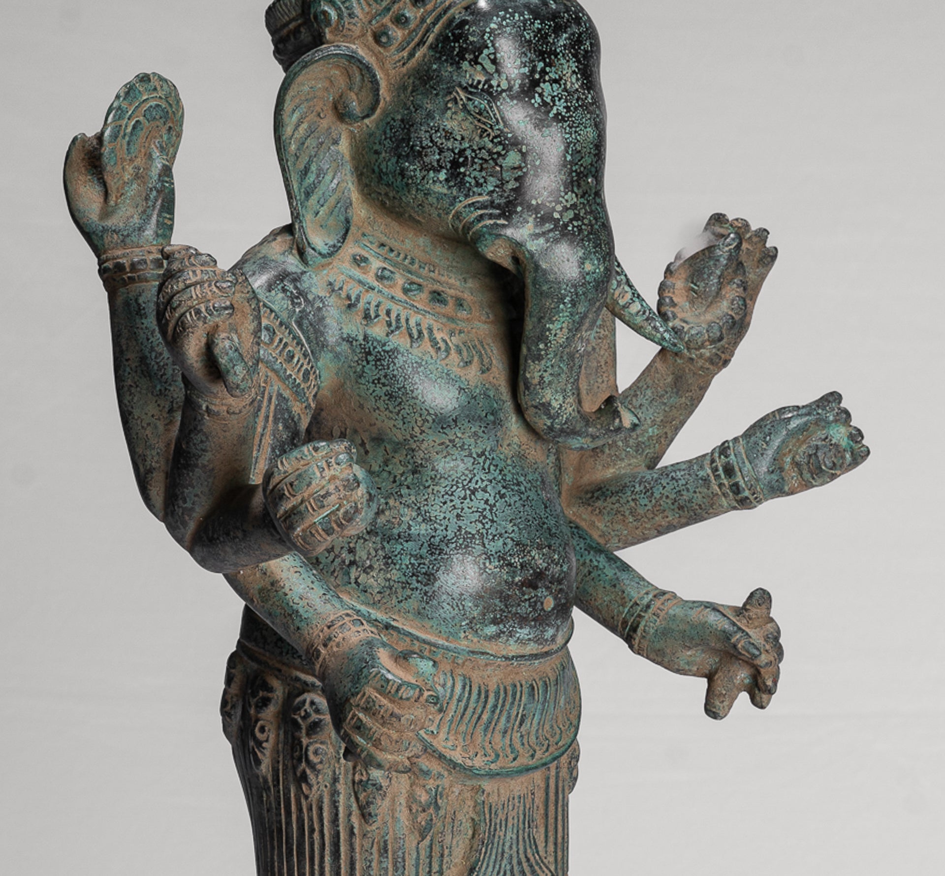 Antique Khmer Style Mounted Standing Bronze Angkor Wat Ganesha Statue - 55cm/22"
