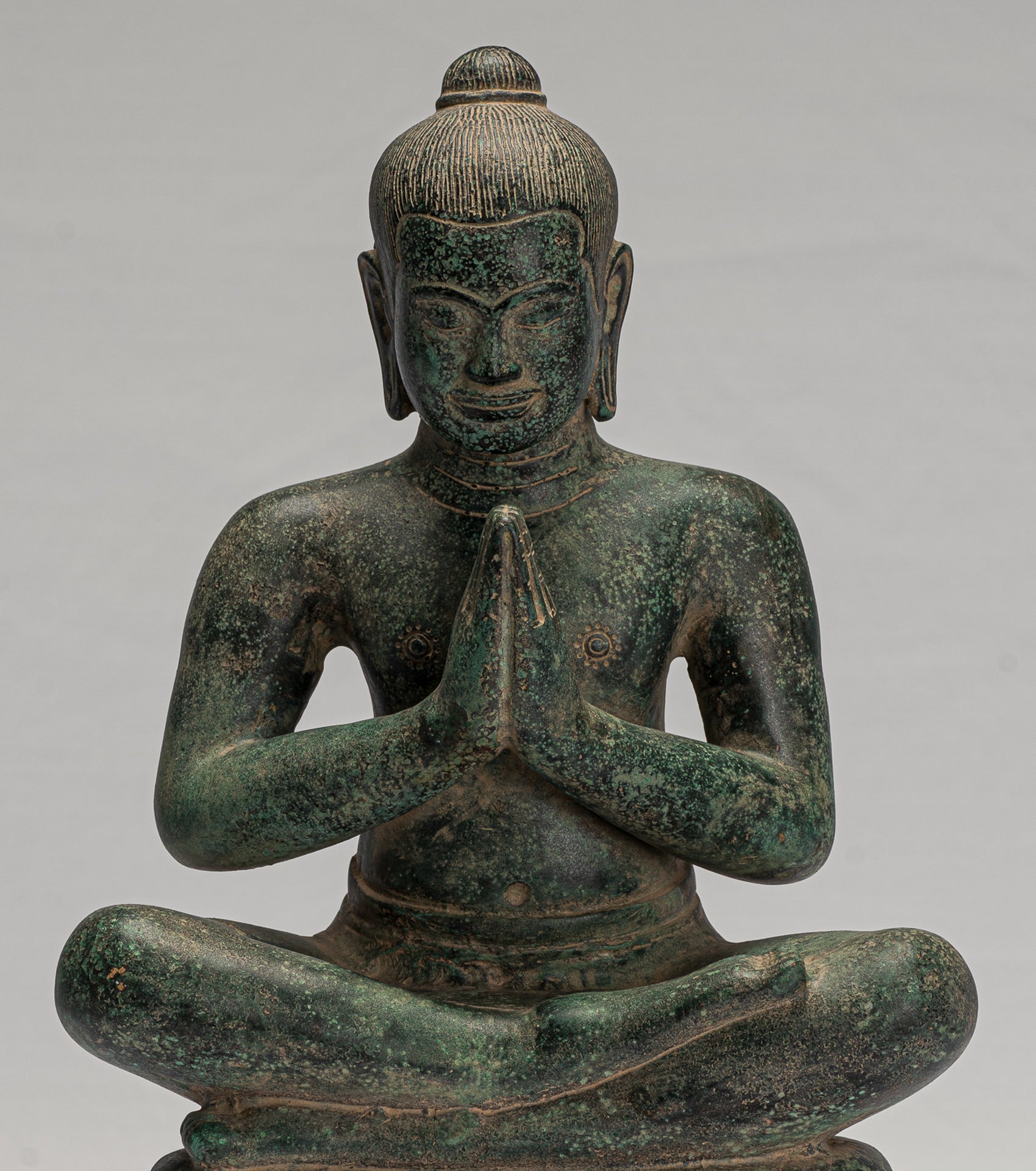 Jayavarman Statue - Antique Khmer Style Seated Bronze Jayavarman VII Statue - 31cm/12"