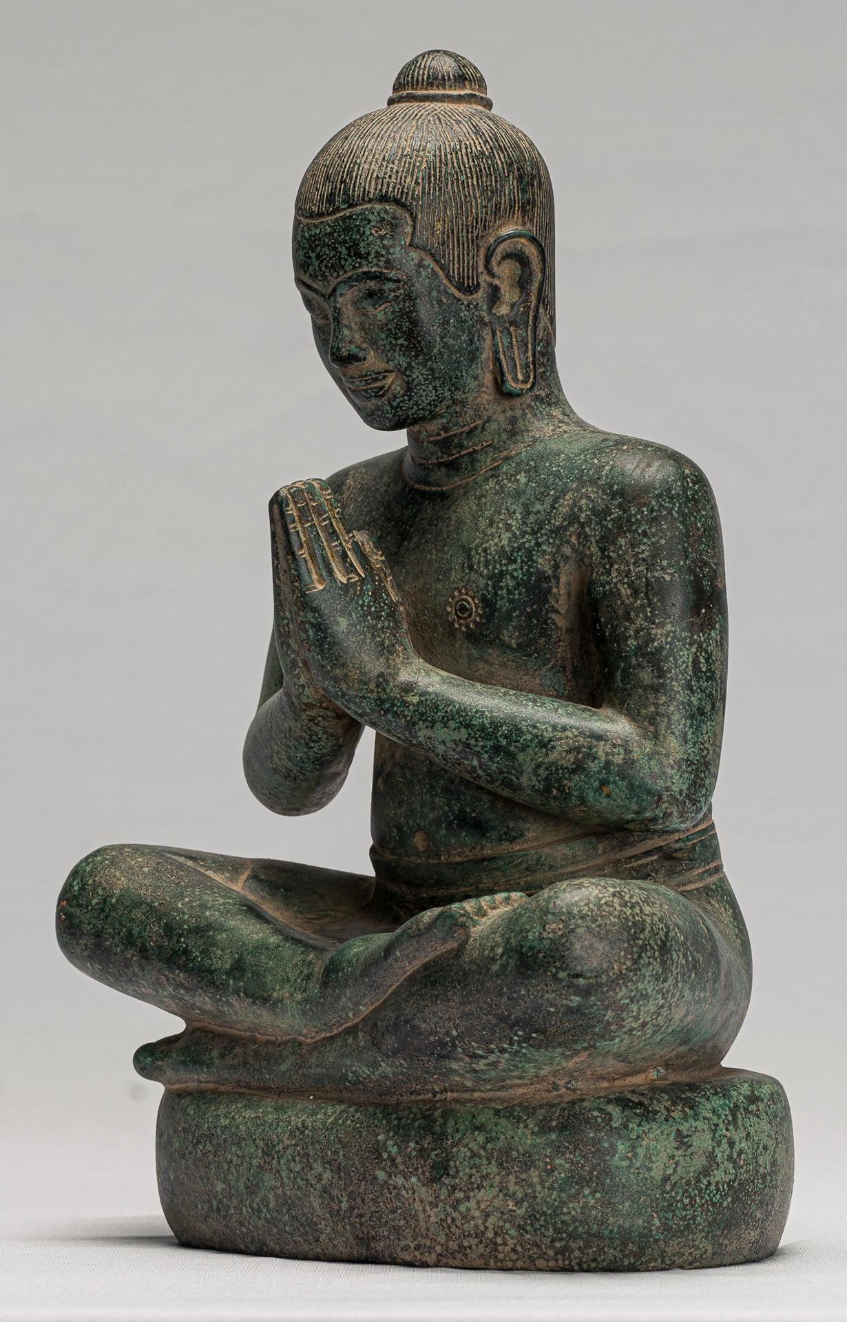 Jayavarman Statue - Antique Khmer Style Seated Bronze Jayavarman VII Statue - 31cm/12"