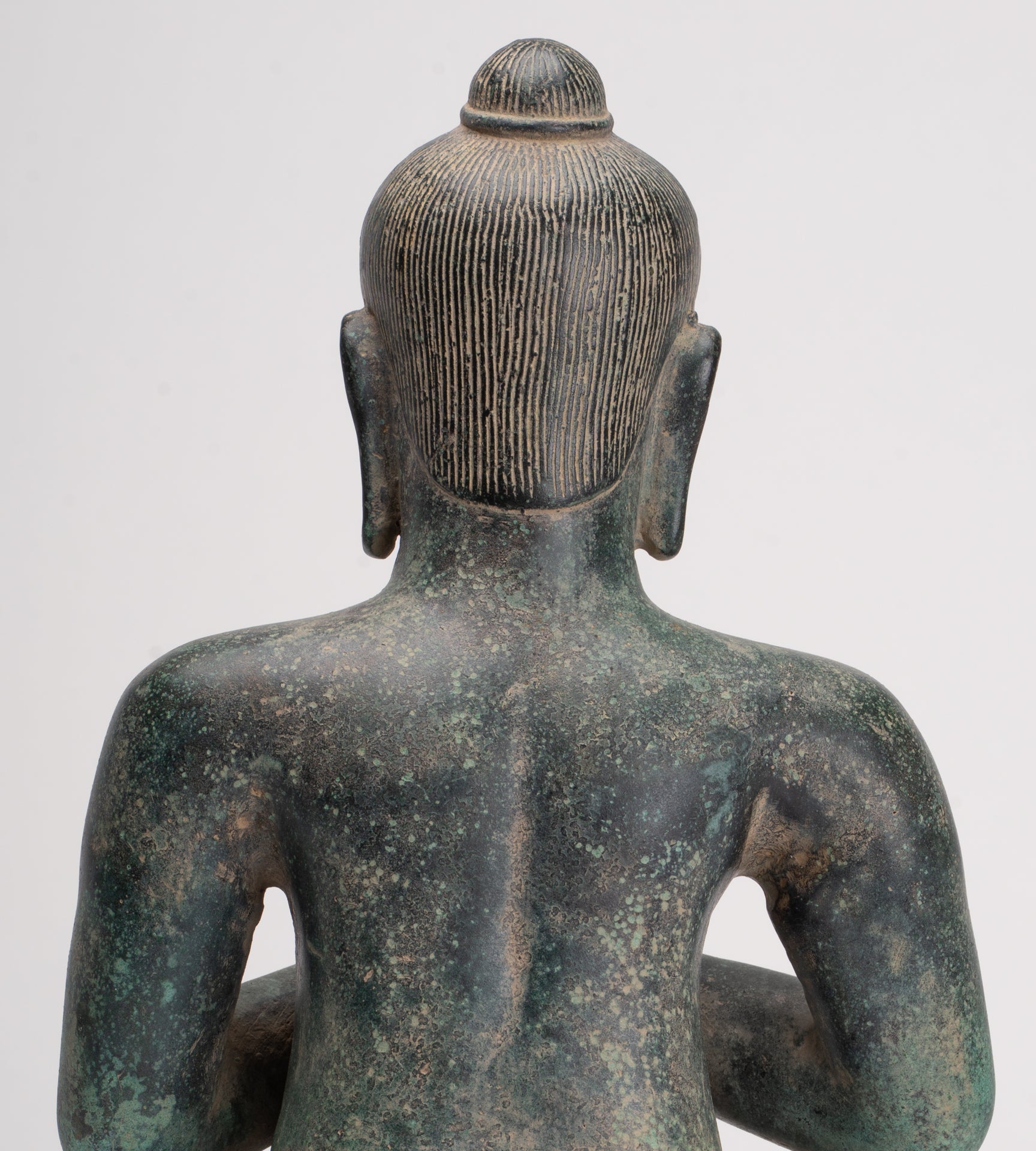 Estatua de Jayavarman - Estatua antigua de bronce de Jayavarman VII estilo jemer sentado - 31 cm/12"
