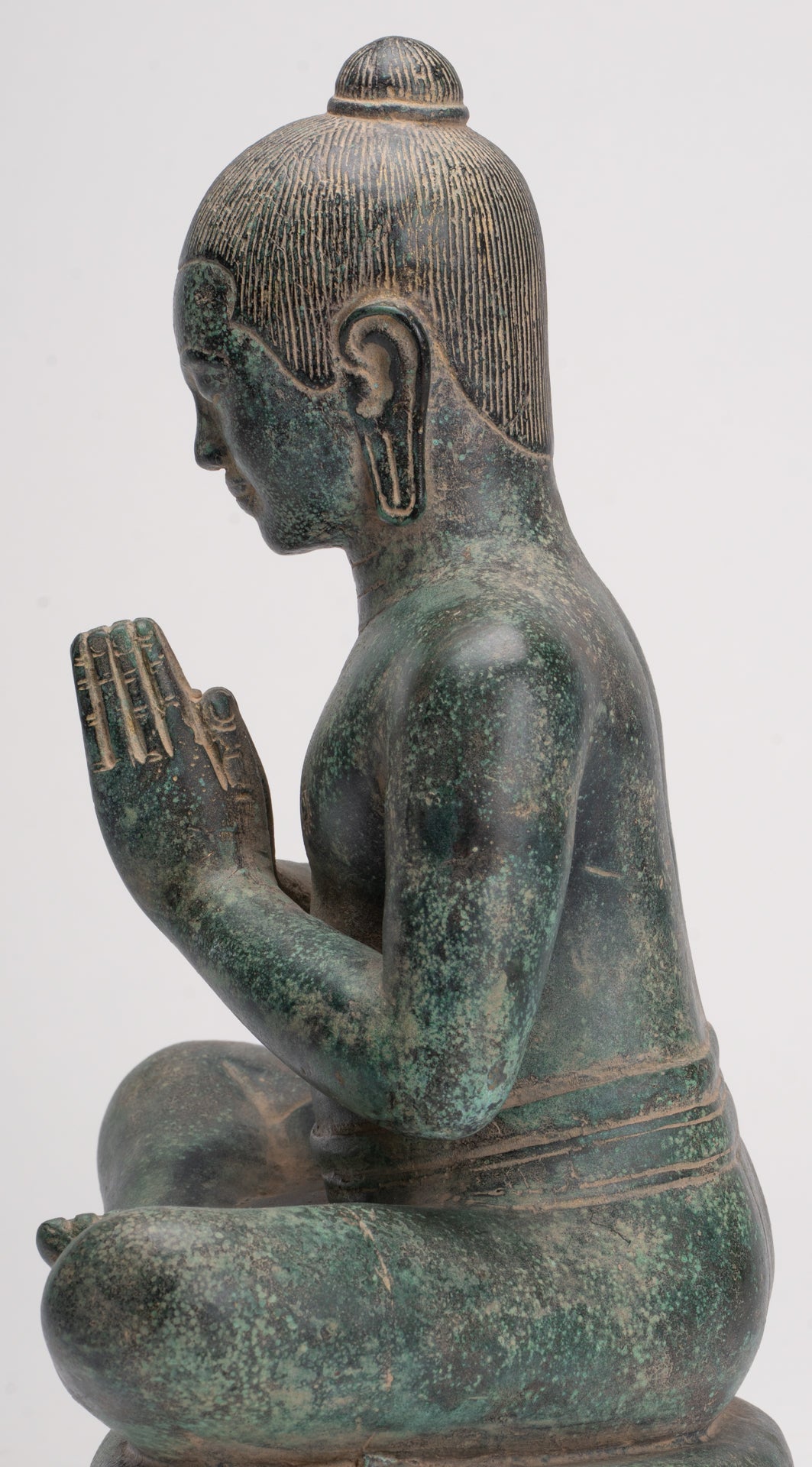 Estatua de Jayavarman - Estatua antigua de bronce de Jayavarman VII estilo jemer sentado - 31 cm/12"