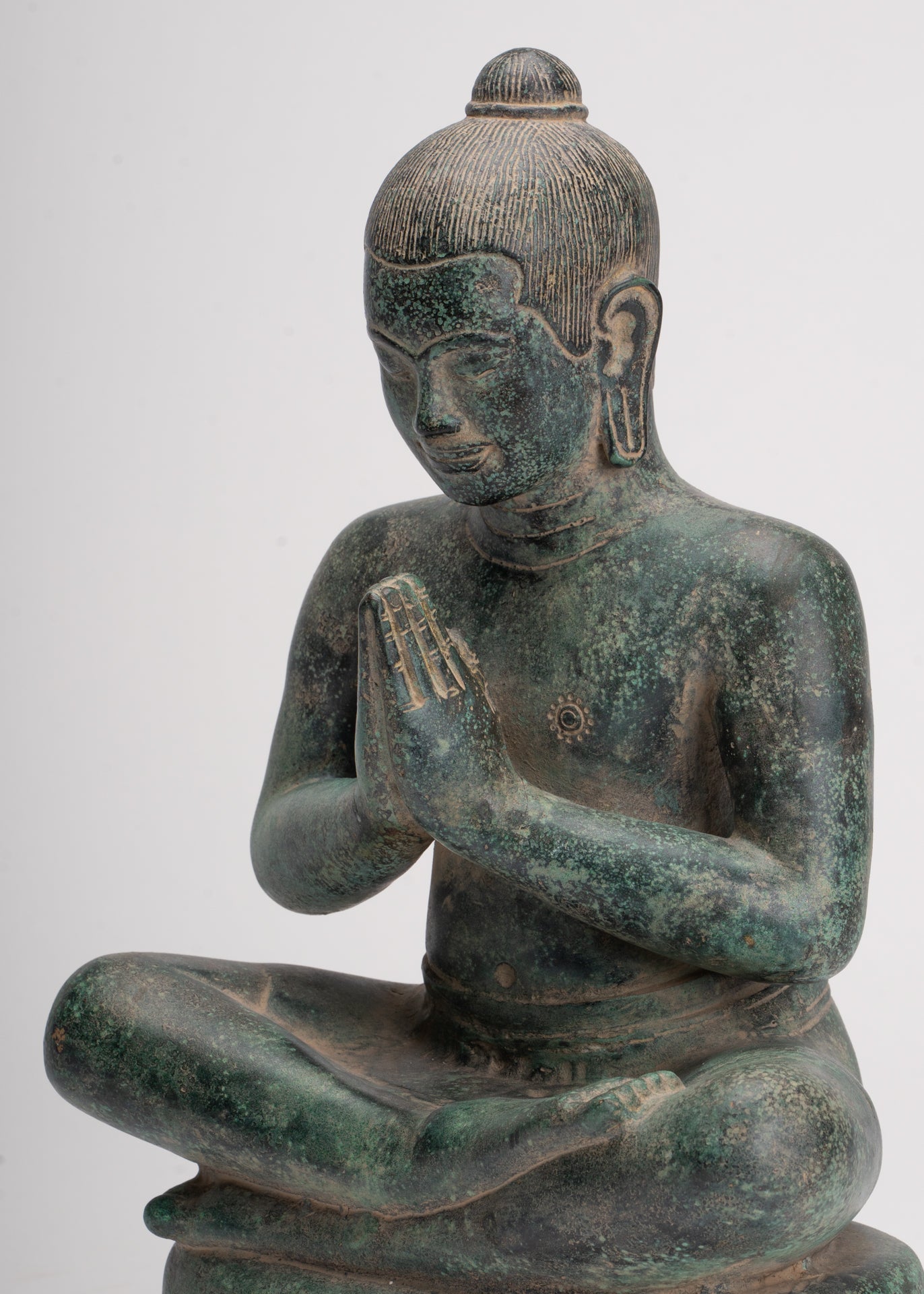 Estatua de Jayavarman - Estatua antigua de bronce de Jayavarman VII estilo jemer sentado - 31 cm/12"