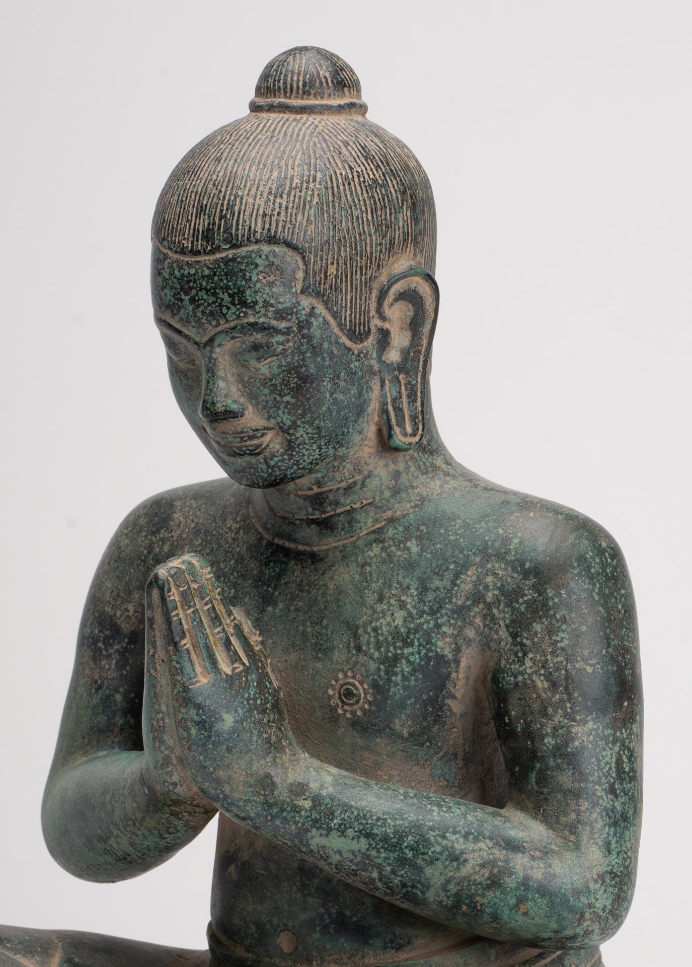 Estatua de Jayavarman - Estatua antigua de bronce de Jayavarman VII estilo jemer sentado - 31 cm/12"