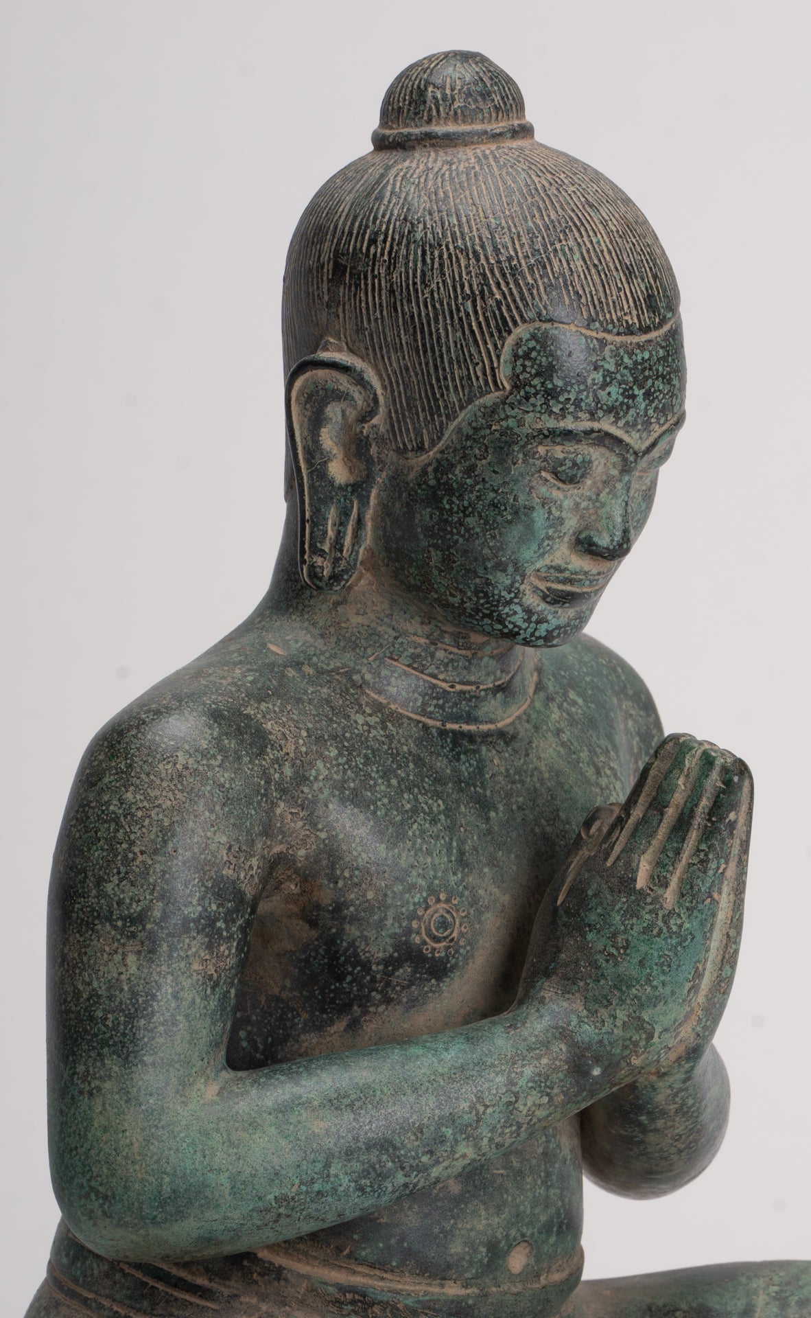 Estatua de Jayavarman - Estatua antigua de bronce de Jayavarman VII estilo jemer sentado - 31 cm/12"