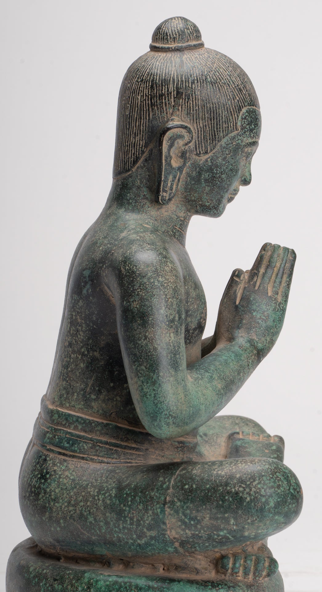 Estatua de Jayavarman - Estatua antigua de bronce de Jayavarman VII estilo jemer sentado - 31 cm/12"