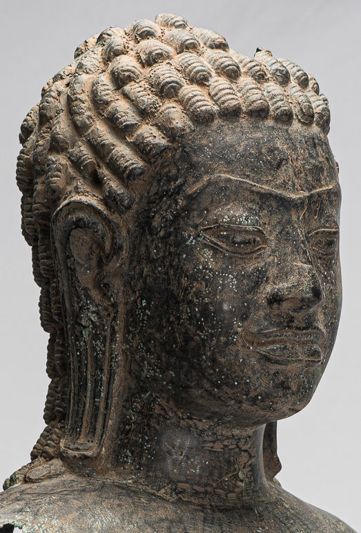 Buddha Statue - Antique Khmer Style Mounted Bronze Phnom Da Buddha Head Statue - 54cm/22")
