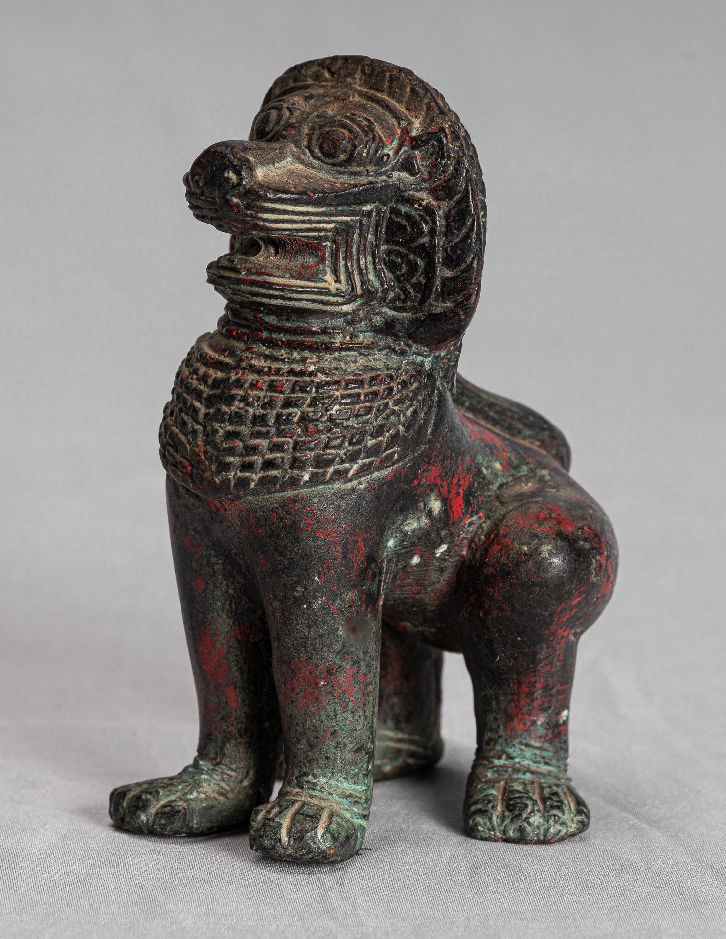 Temple Lion - Antique Khmer Style Bronze Standing Temple Guardian or Lion - 12cm/5"