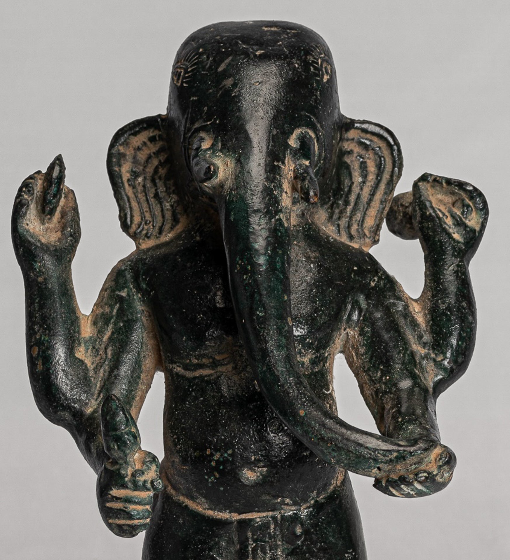 Ganesha Statue - Antique Vietnamese Style Bronze Standing Cham Four-Arm Ganesha Statue - 20cm/8"