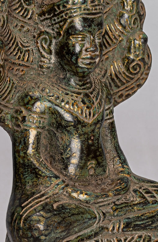 Buddha Statue - Antique Bayon Style Khmer Seated Bronze Naga Meditation Buddha - 21cm/8"
