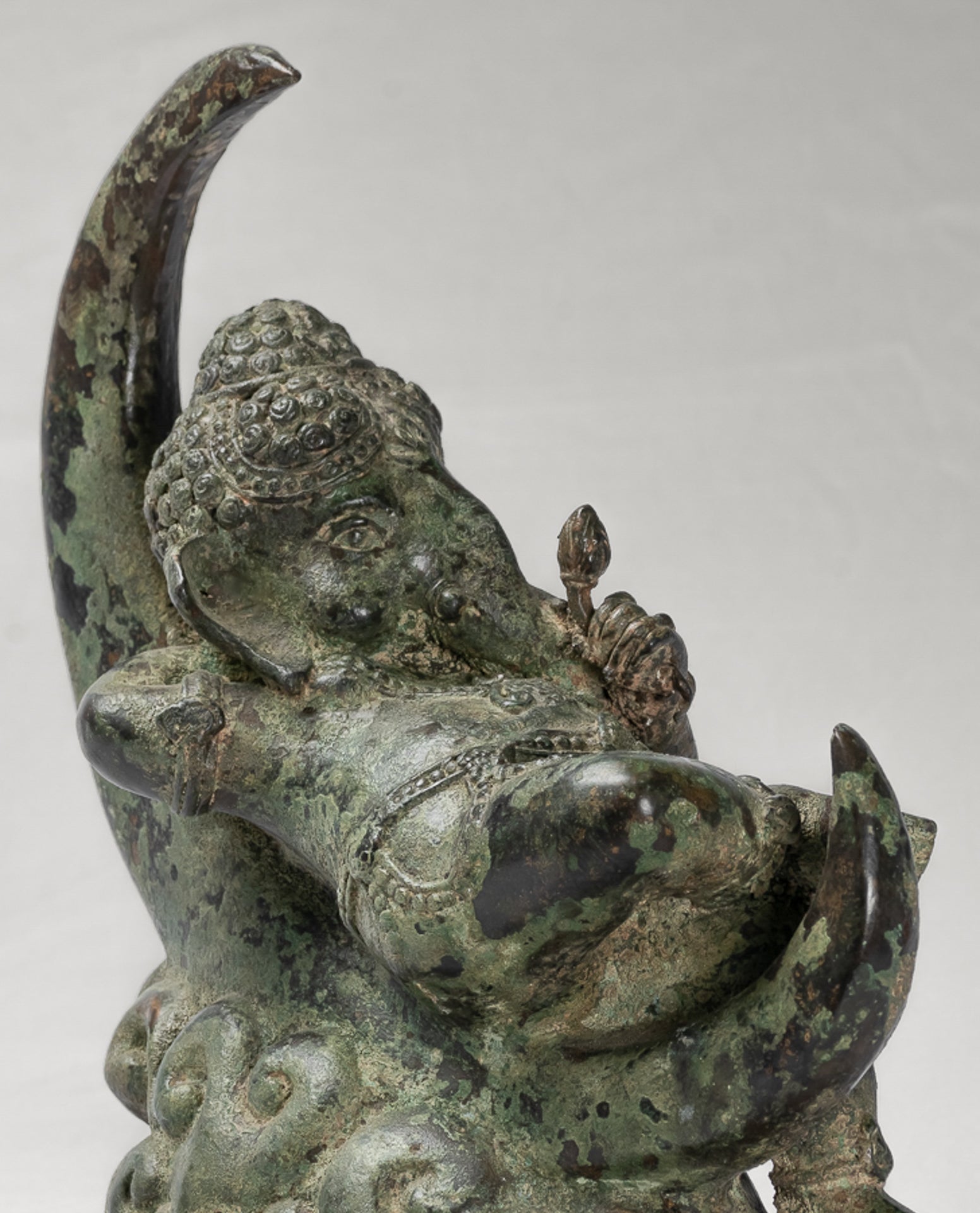 Ganesha Statue - Antique Thai Style Bronze Reclining Ganesha Statue on Moon - 31cm/12"
