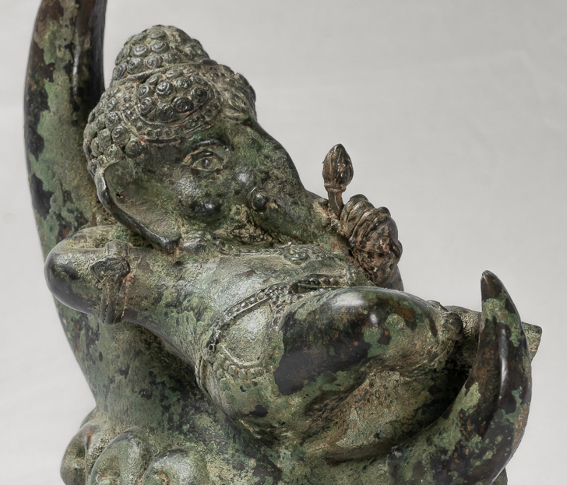 Ganesha Statue - Antique Thai Style Bronze Reclining Ganesha Statue on Moon - 31cm/12"