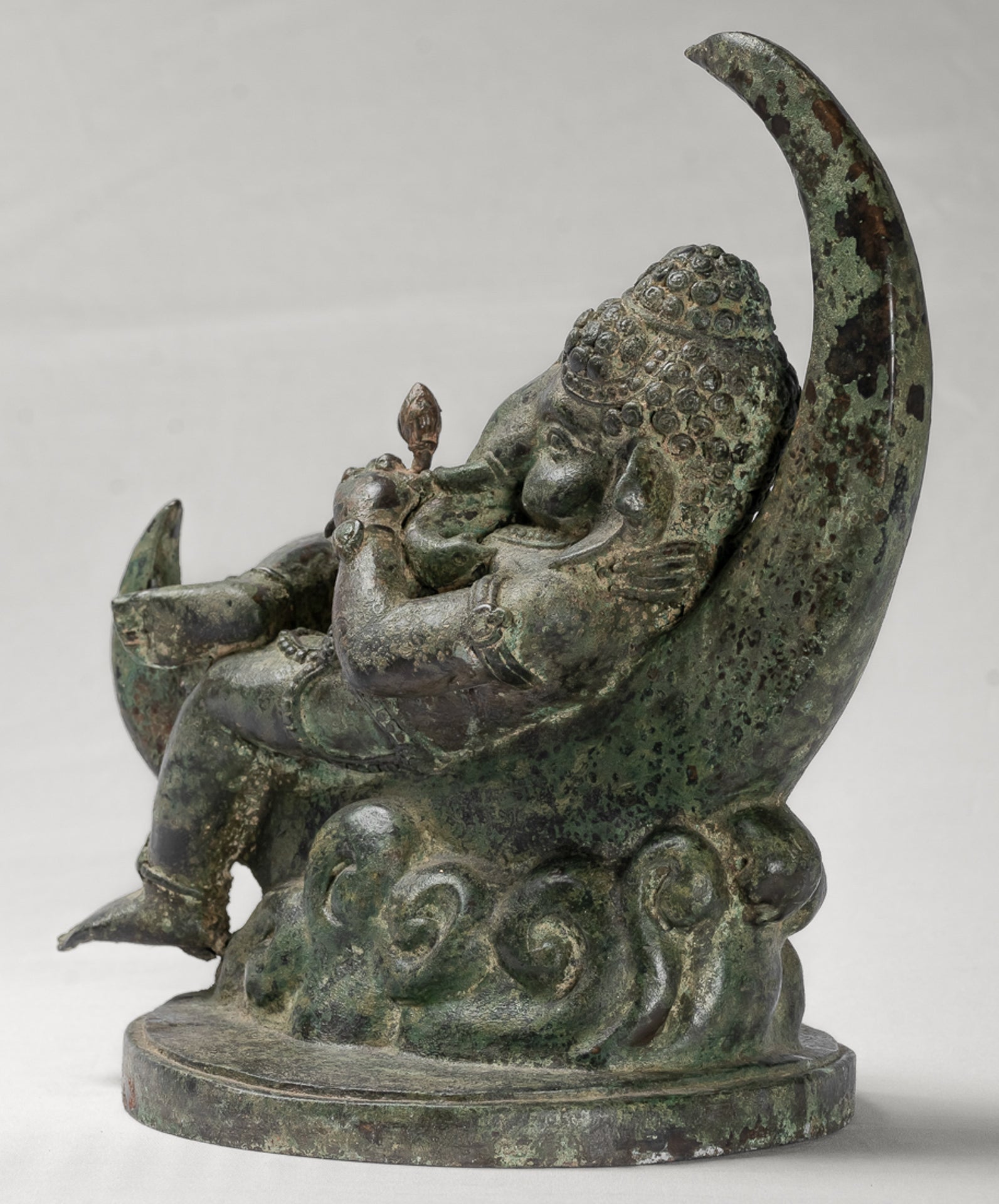 Ganesha Statue - Antique Thai Style Bronze Reclining Ganesha Statue on Moon - 31cm/12"