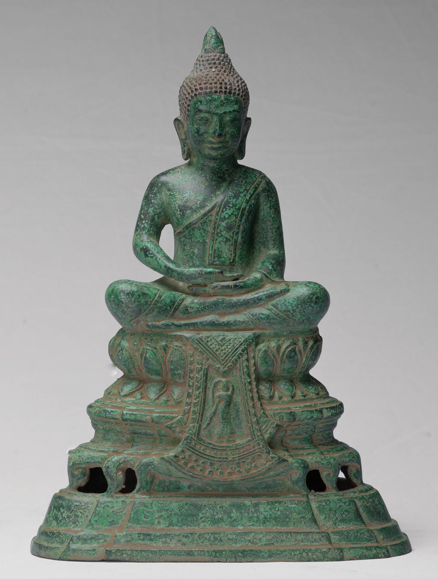 Buddha - Antique Khmer Style Bronze Enthroned Meditation Buddha Statue - 31cm/12"