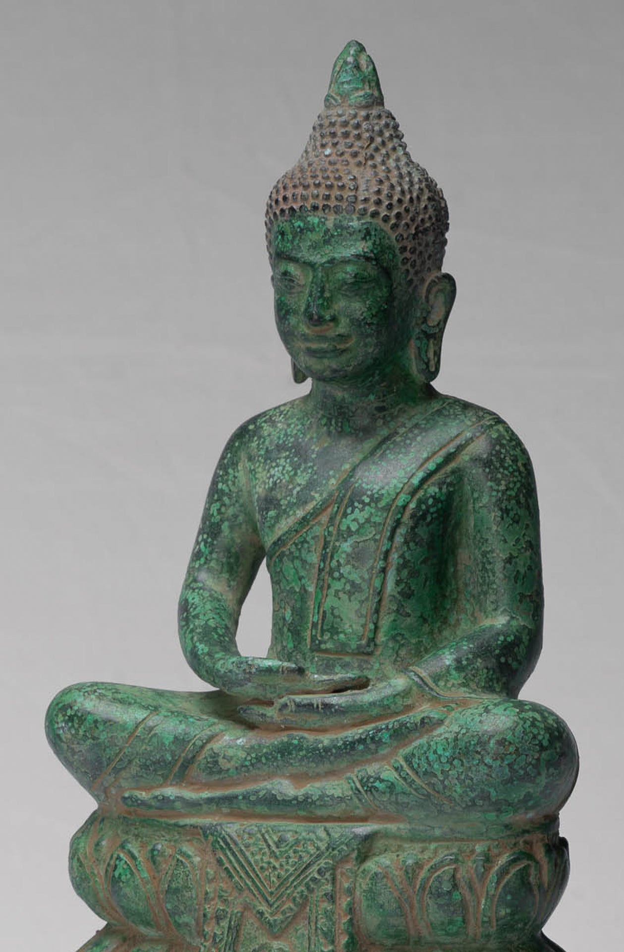Buddha - Antique Khmer Style Bronze Enthroned Meditation Buddha Statue - 31cm/12"