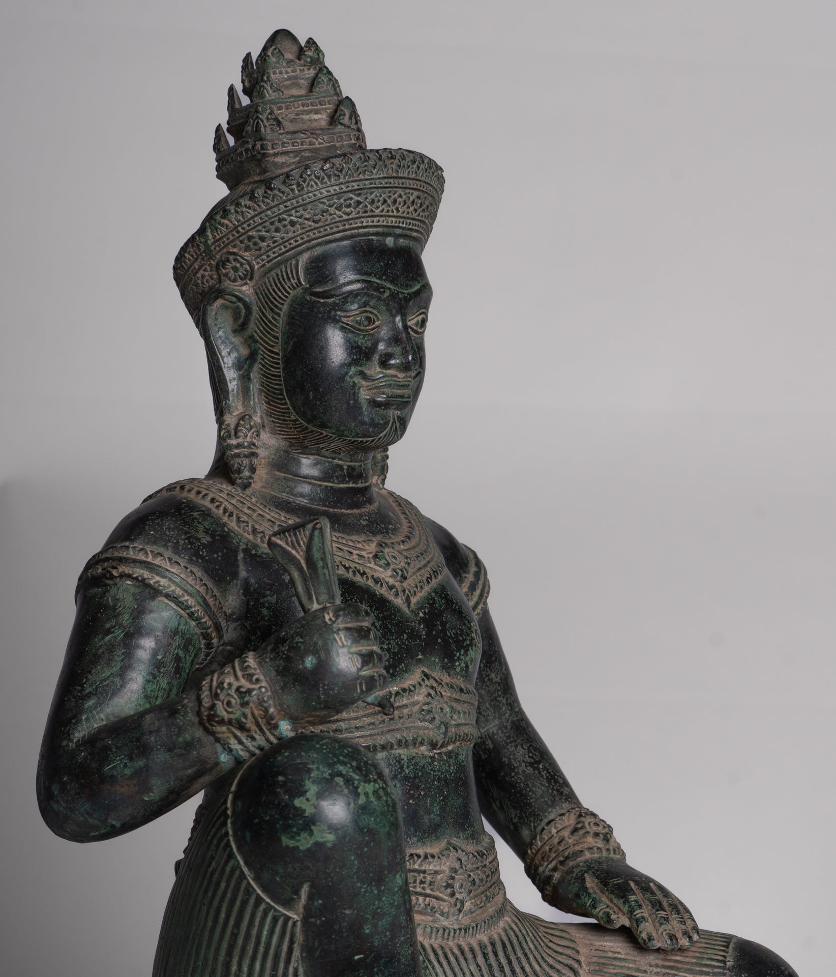 Vishvakarman Statue - Antique Khmer Style Bayon Seated Bronze Vishvakarman Statue - 41cm/16"