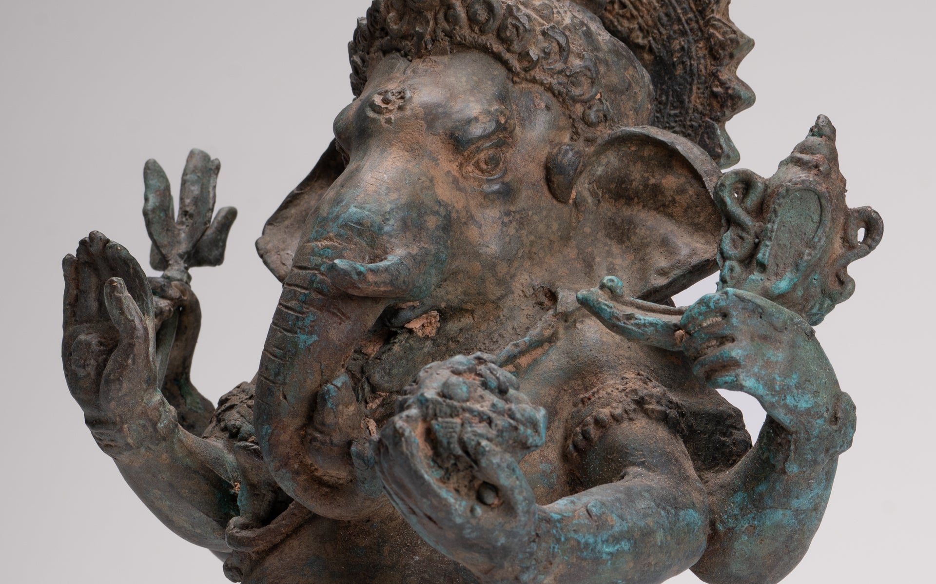 Ganesha Statue - Antique Thai Style Bronze Standing 4-Arm Ganesha Statue - 35cm/14"