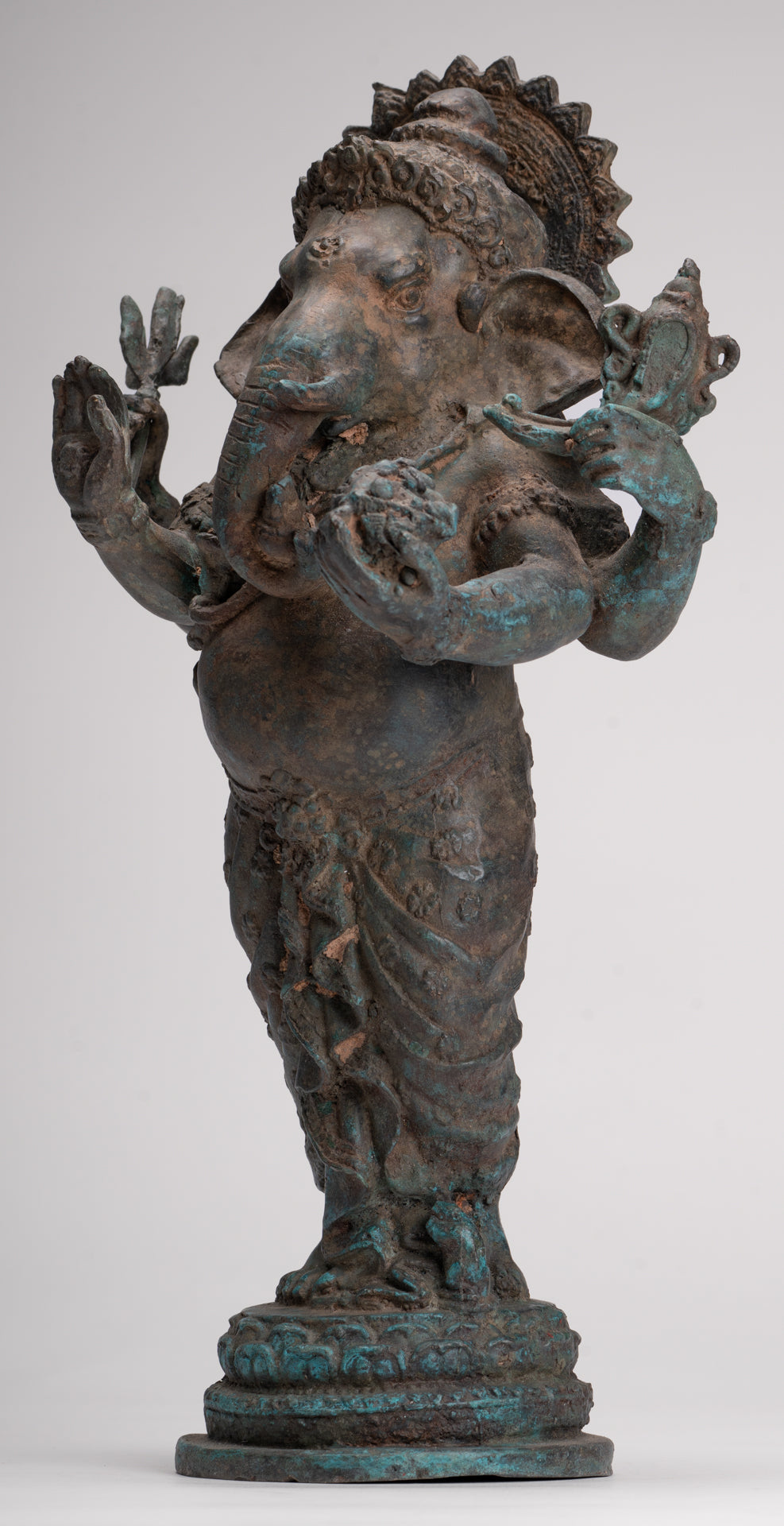 Ganesha Statue - Antique Thai Style Bronze Standing 4-Arm Ganesha Statue - 35cm/14"