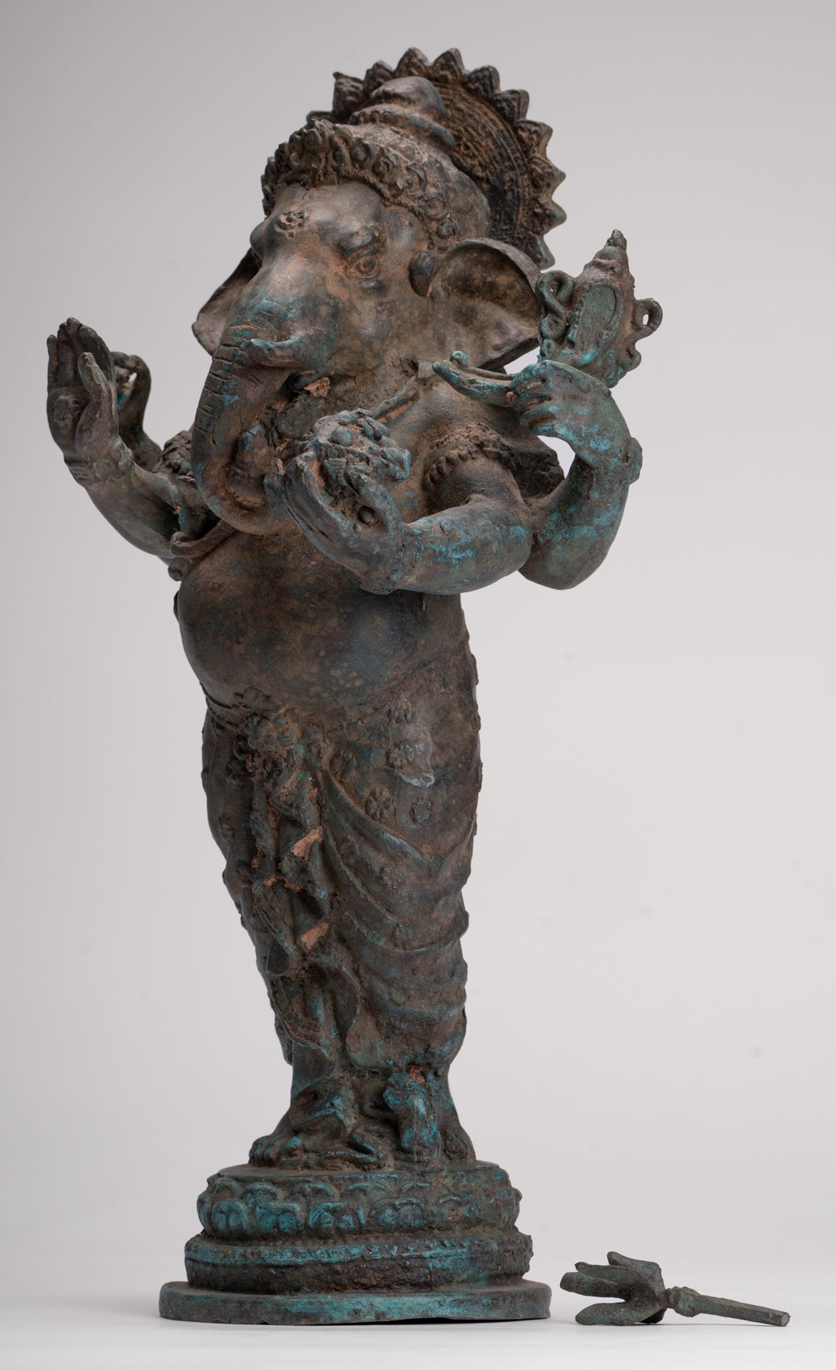Ganesha Statue - Antique Thai Style Bronze Standing 4-Arm Ganesha Statue - 35cm/14"