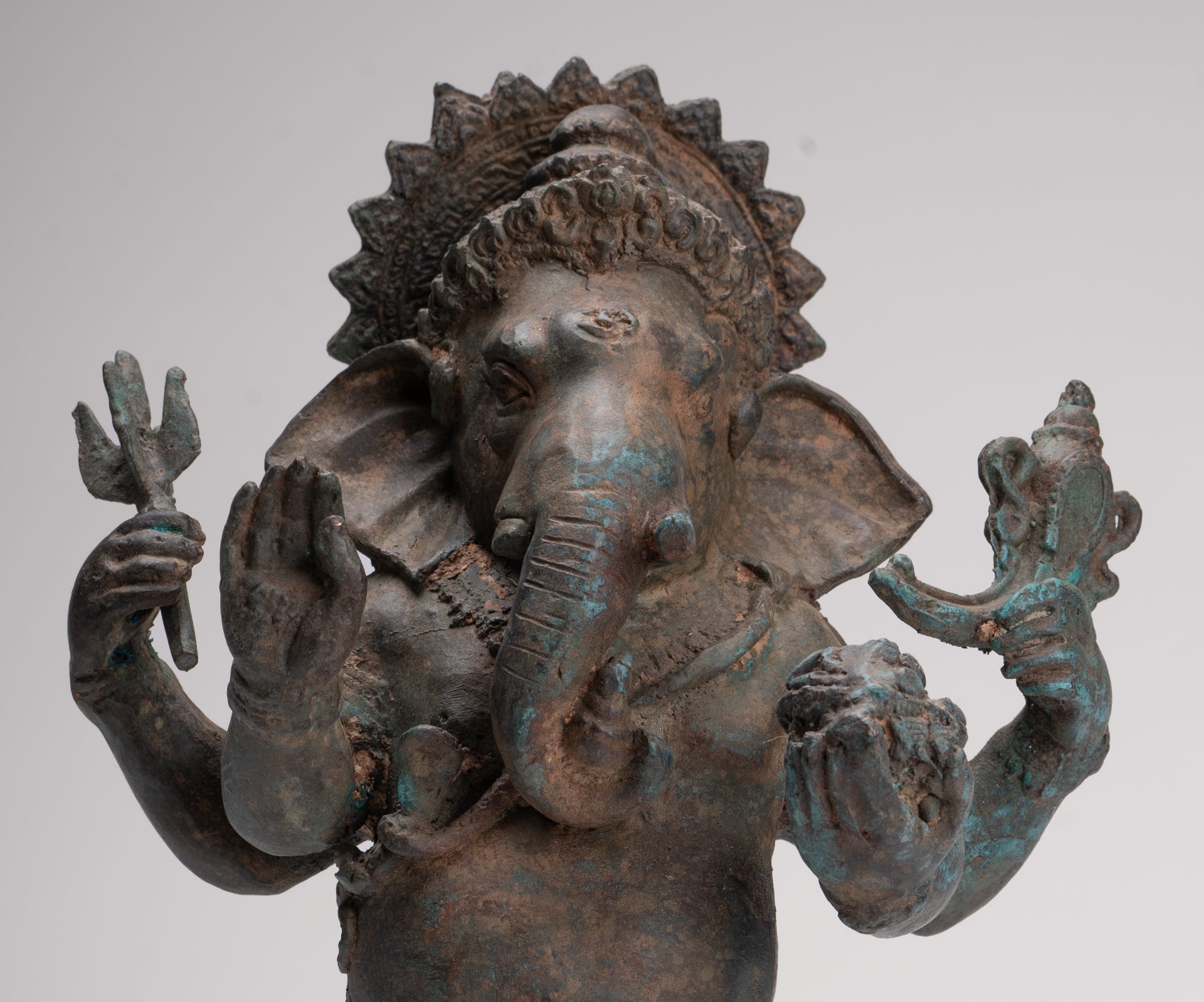 Ganesha Statue - Antique Thai Style Bronze Standing 4-Arm Ganesha Statue - 35cm/14"