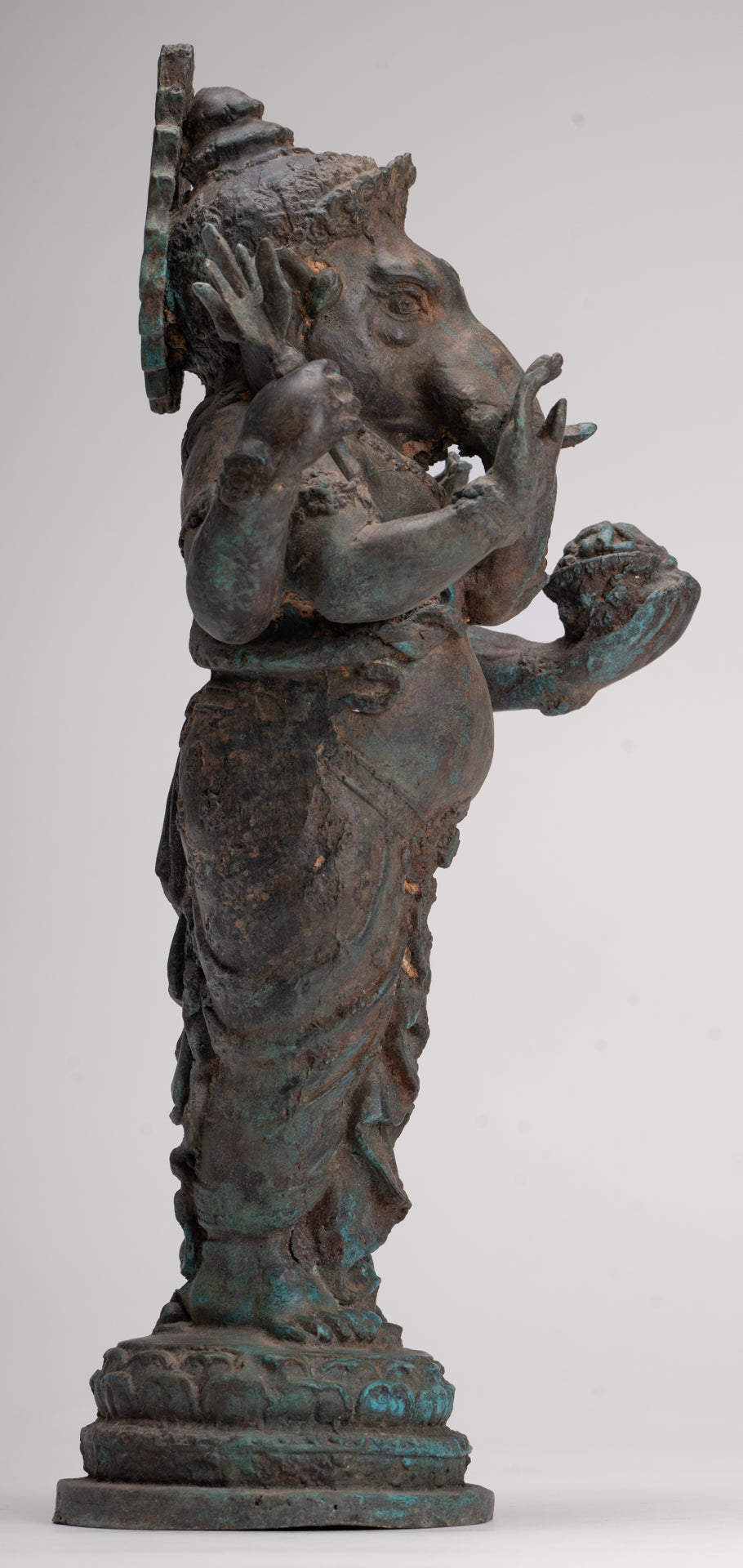 Ganesha Statue - Antique Thai Style Bronze Standing 4-Arm Ganesha Statue - 35cm/14"