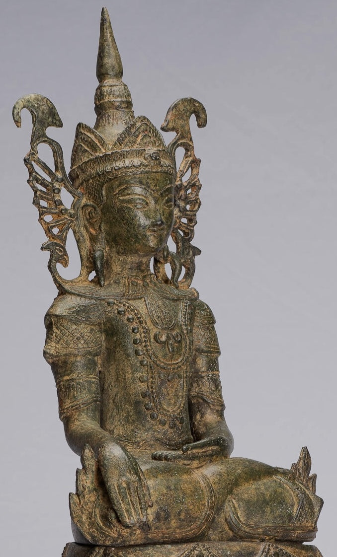 ANTIGUO BURMESE BURMEE Bronze Shan Ilustración Sentada por el trono de elefante de la estatua de Buda - 61 cm/24 "