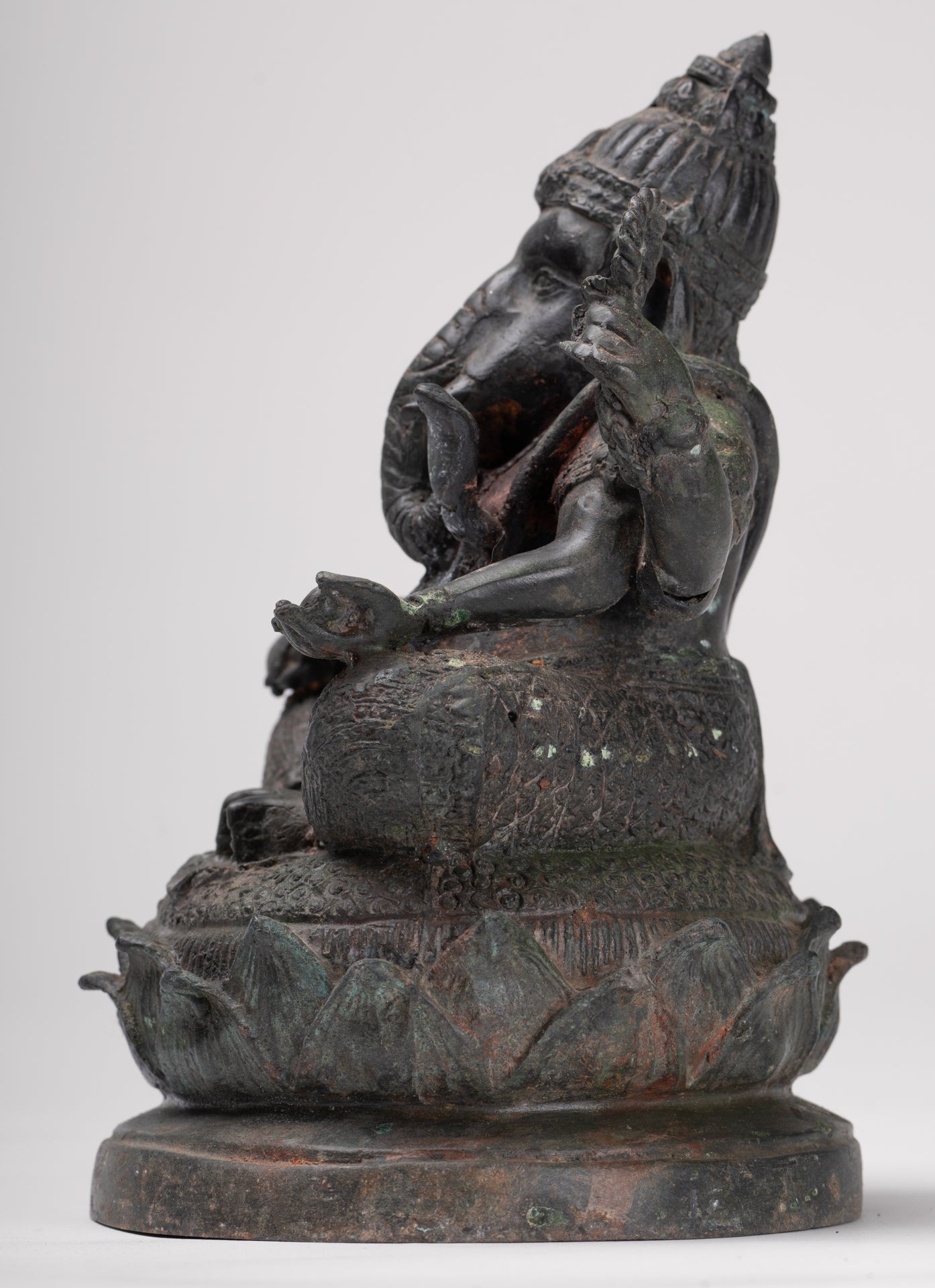 Ganesha Statue - Antique Thai Style Bronze Seated 4-Arm Ganesha Statue - 21cm/8"