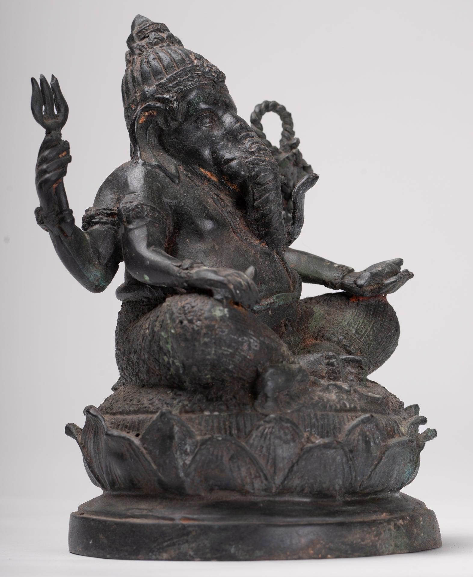 Ganesha Statue - Antique Thai Style Bronze Seated 4-Arm Ganesha Statue - 21cm/8"