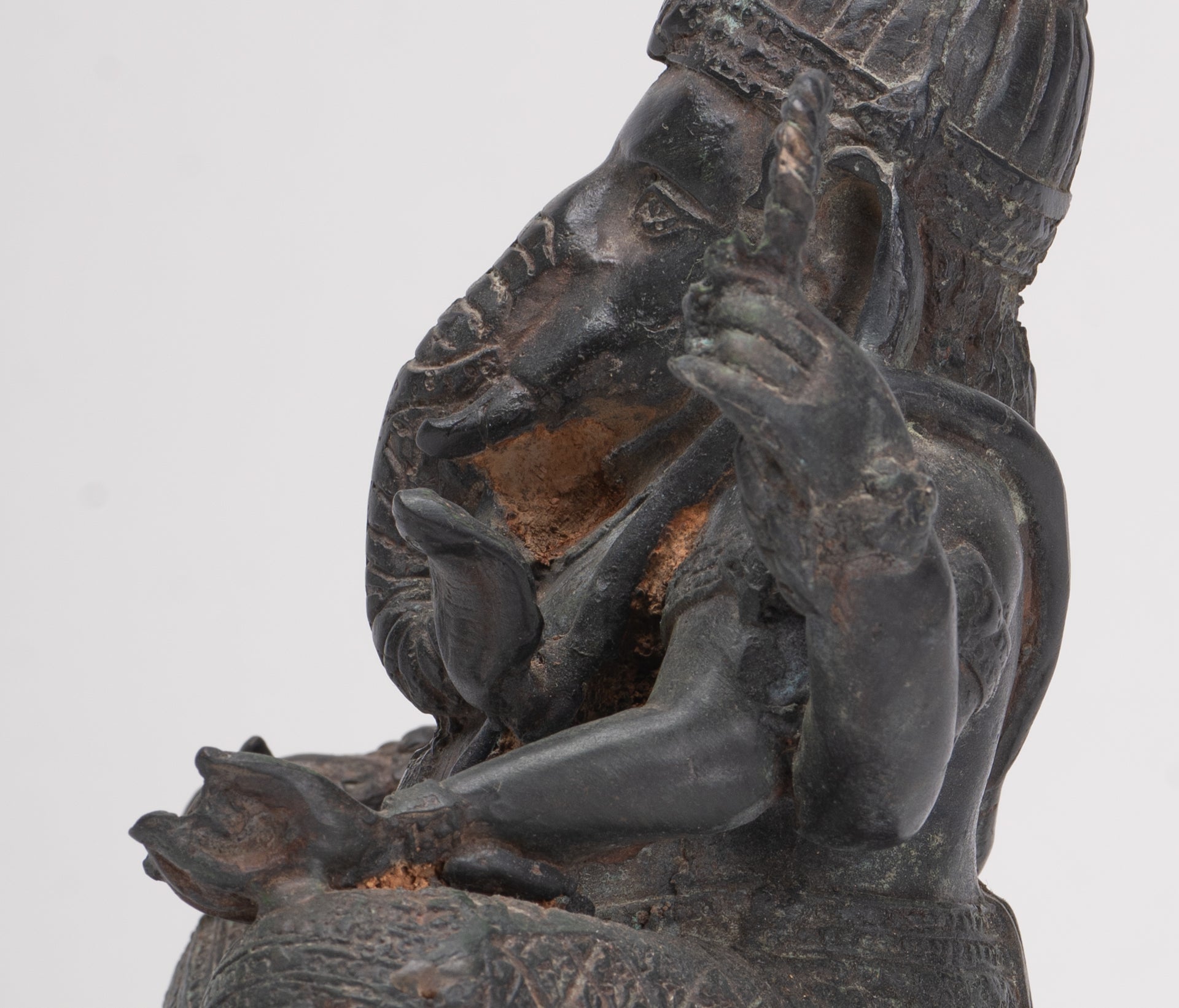 Ganesha Statue - Antique Thai Style Bronze Seated 4-Arm Ganesha Statue - 20cm/8"