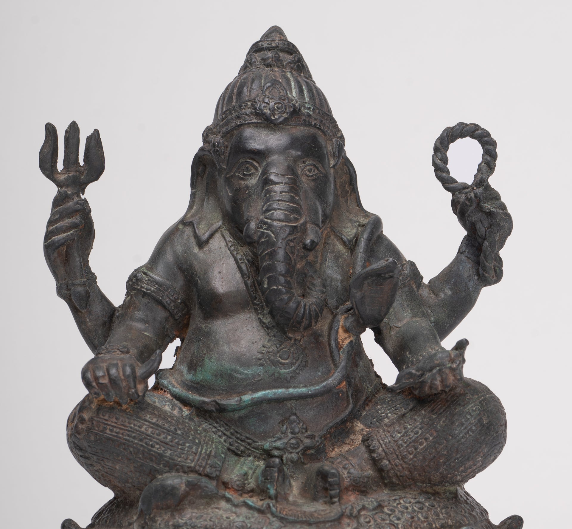Ganesha Statue - Antique Thai Style Bronze Seated 4-Arm Ganesha Statue - 20cm/8"