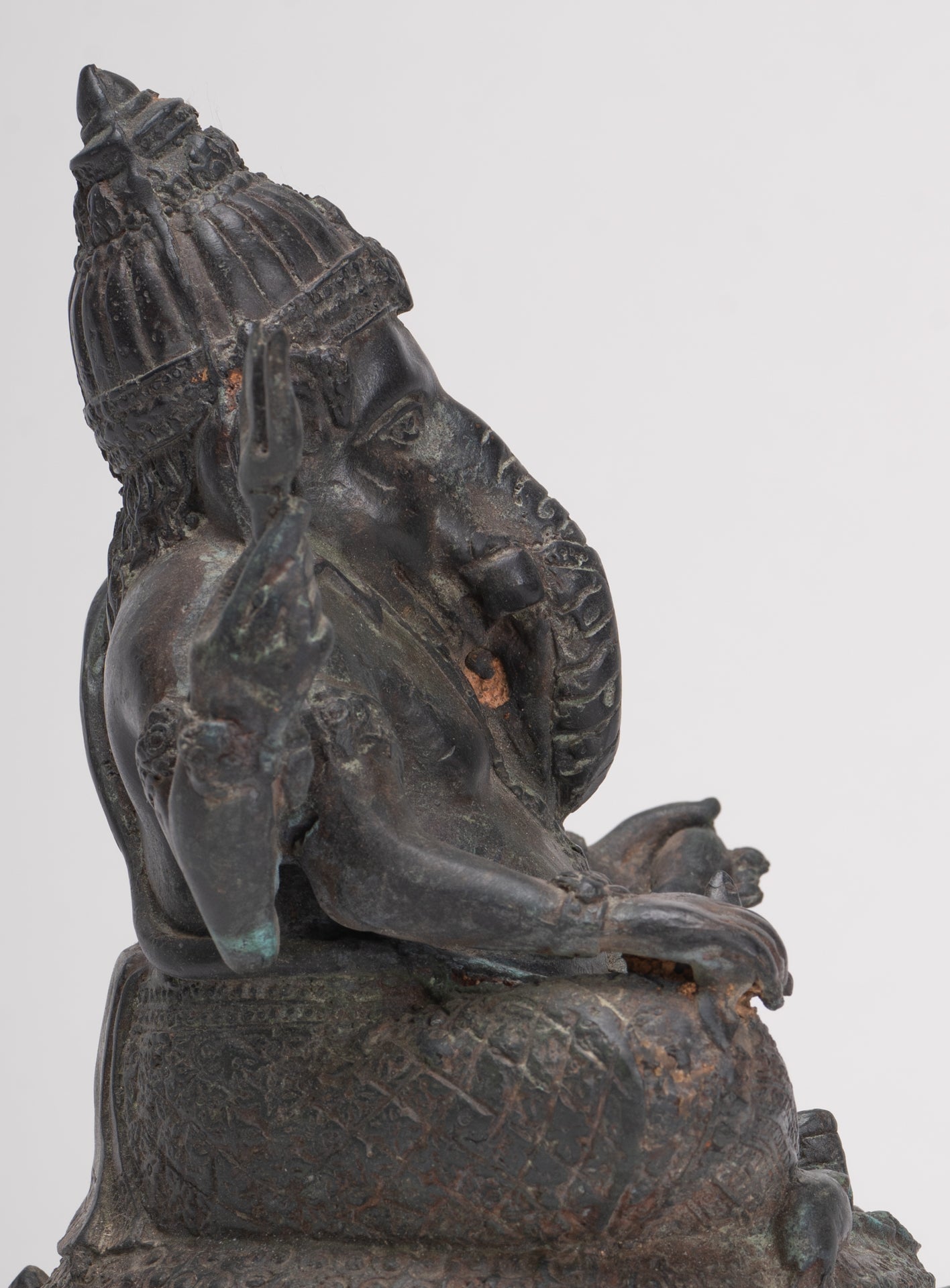 Ganesha Statue - Antique Thai Style Bronze Seated 4-Arm Ganesha Statue - 20cm/8"