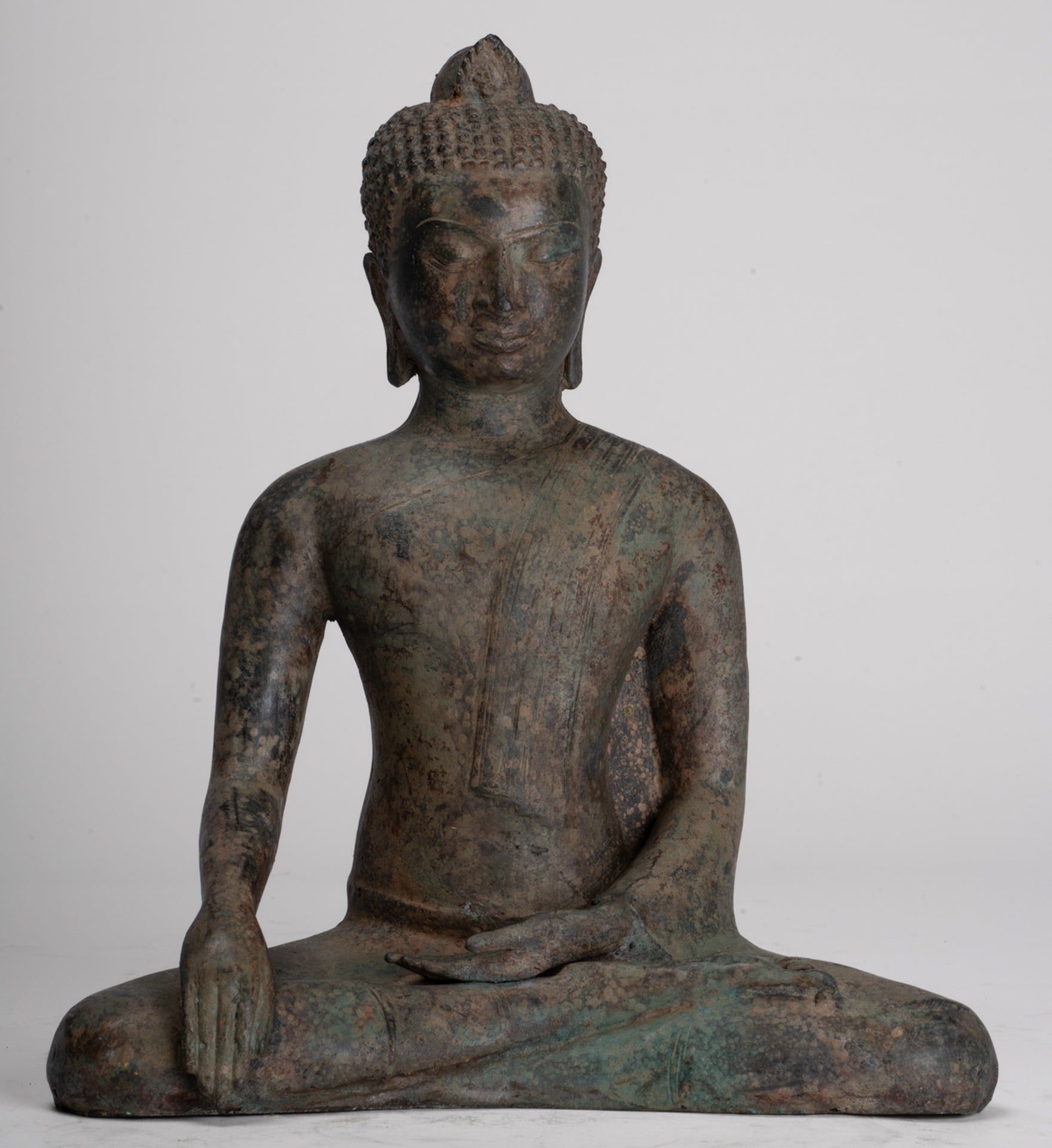 Buddha Statue - Antique Sri Lanka Style Bronze Seated Enlightenment Buddha Statue - 27cm/11"