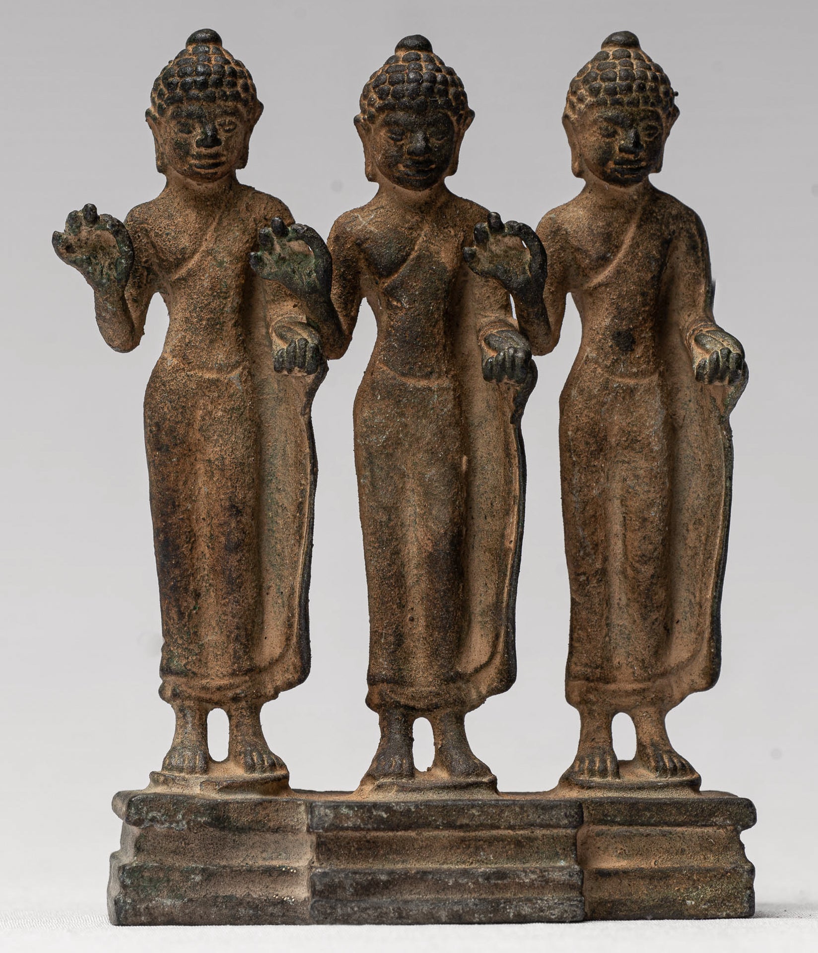 Buddha Statue - Antique Thai Style Standing Bronze Teaching Buddha Statue Triptych- 11.5cm/5"