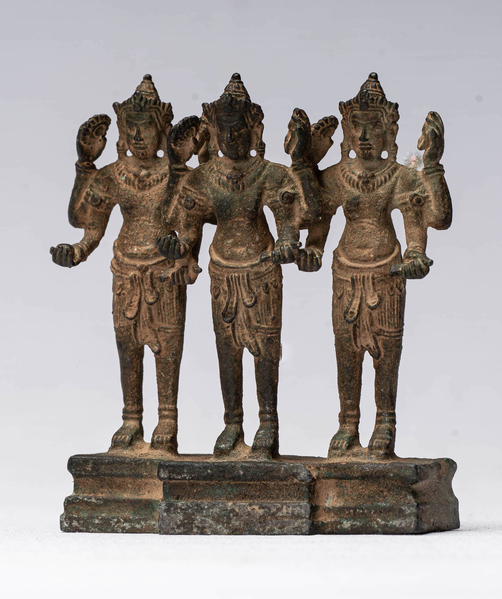 Vishnu Statue - Antique Khmer Style Standing Bronze Angkor Wat Vishnu Statue Triptych- 9.5cm/4"