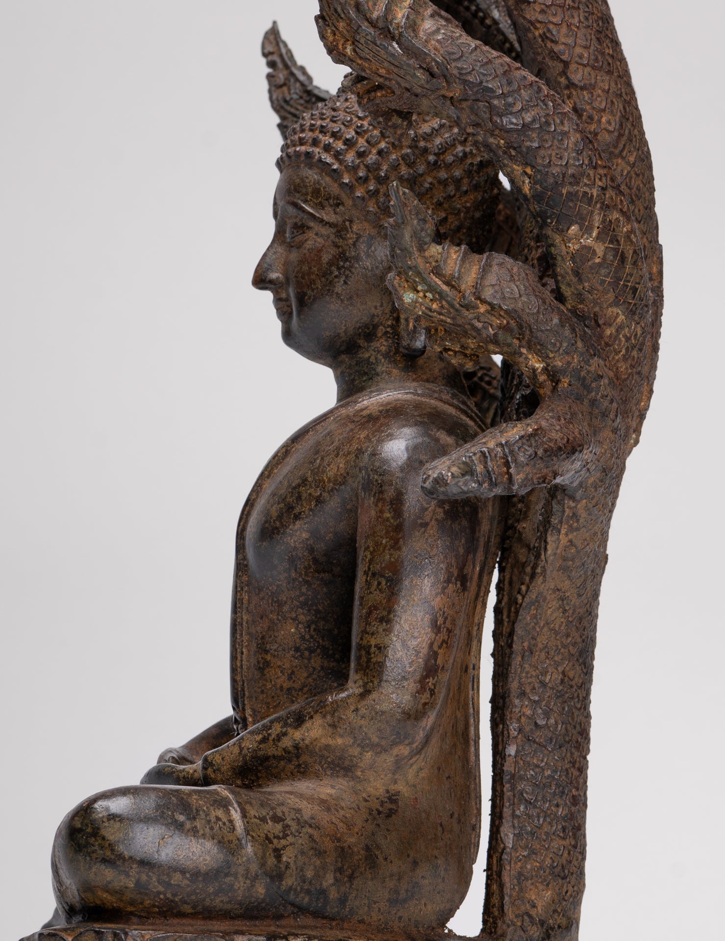 Buddha Statue - Antique Thai Style Seated Bronze Naga Meditation Buddha - 53cm/21"