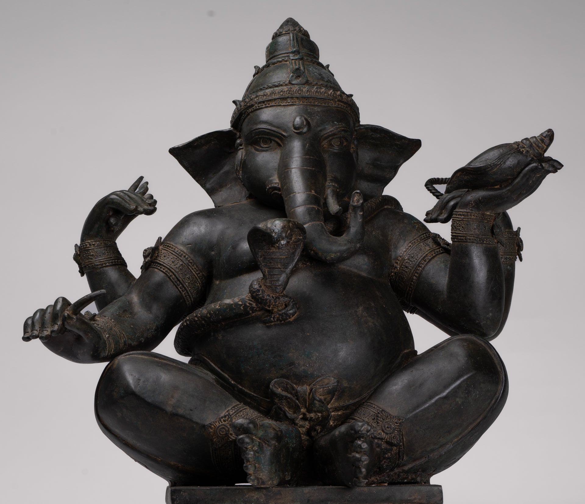 Ganesha Statue - Antique Thai Style Bronze Seated 4-Arm Ganesha Statue - 55cm/22"