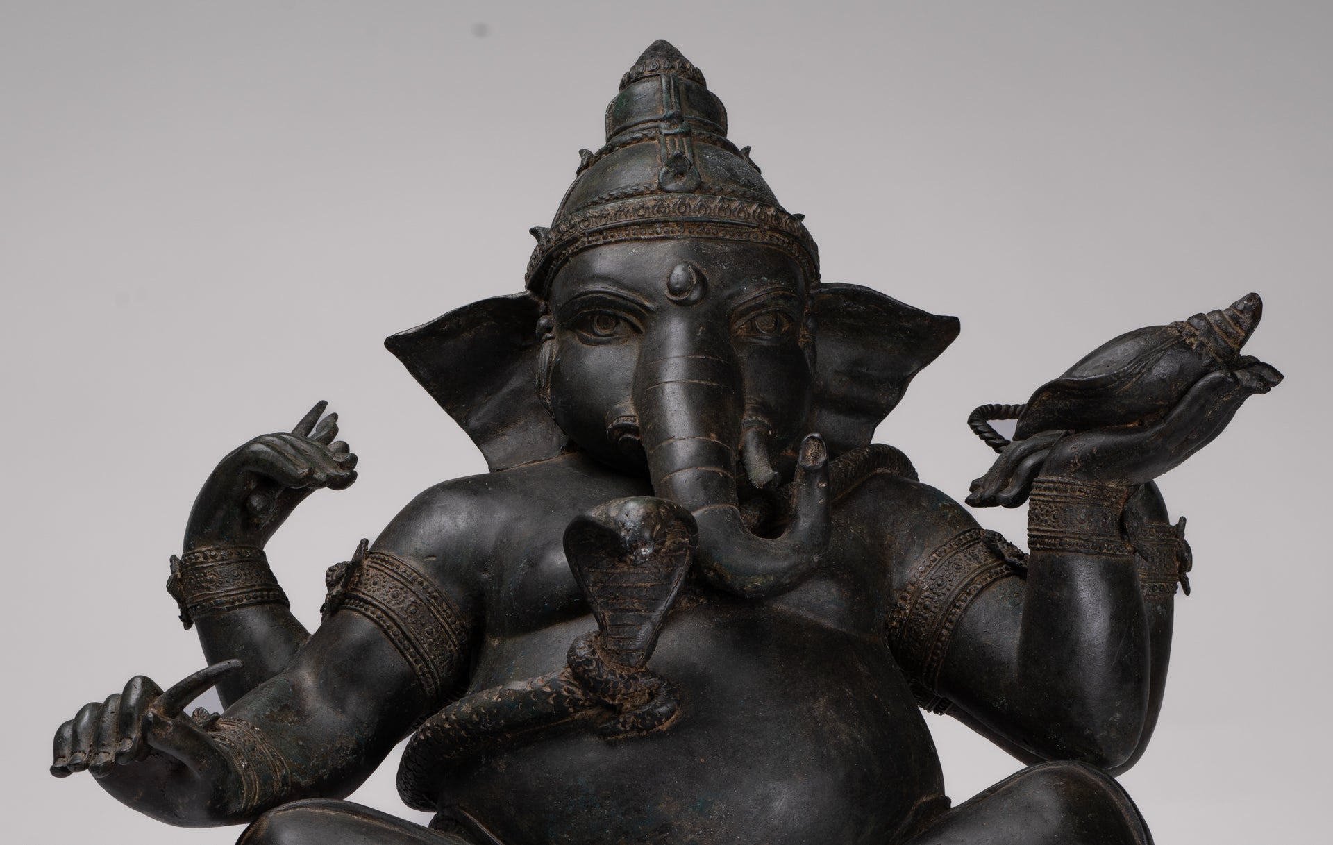 Ganesha Statue - Antique Thai Style Bronze Seated 4-Arm Ganesha Statue - 55cm/22"