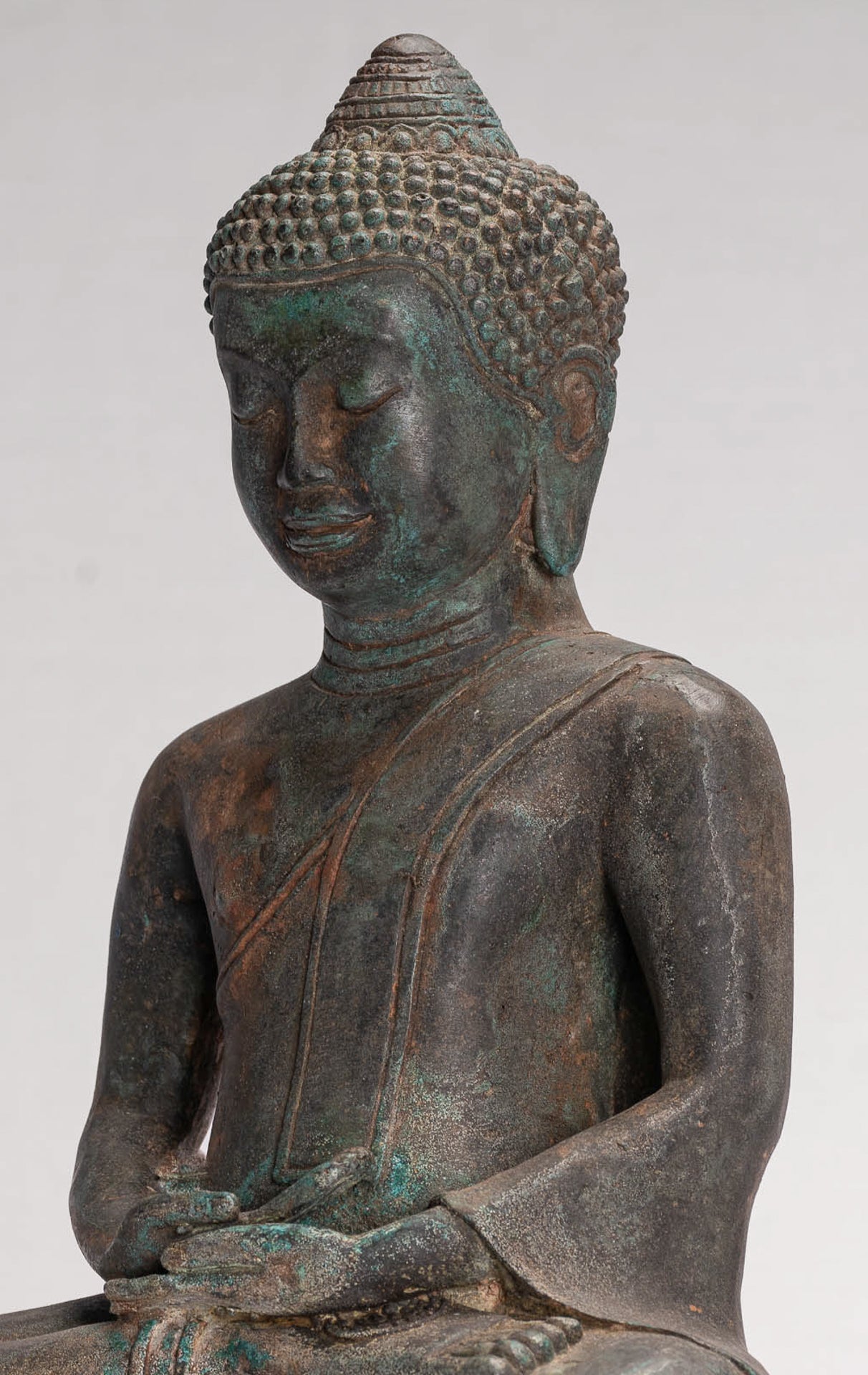 Buddha Statue - Antique Thai Style Seated Bronze Dvaravati Meditation Buddha Statue - 29cm/12"