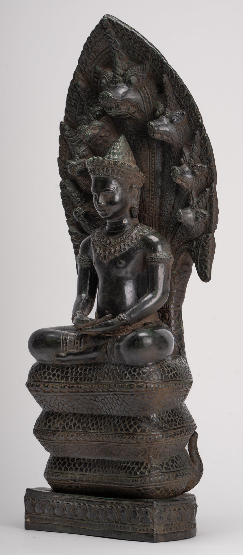 Antique Khmer Style Bronze Seated Meditation Naga Buddha Statue - 52cm/21"