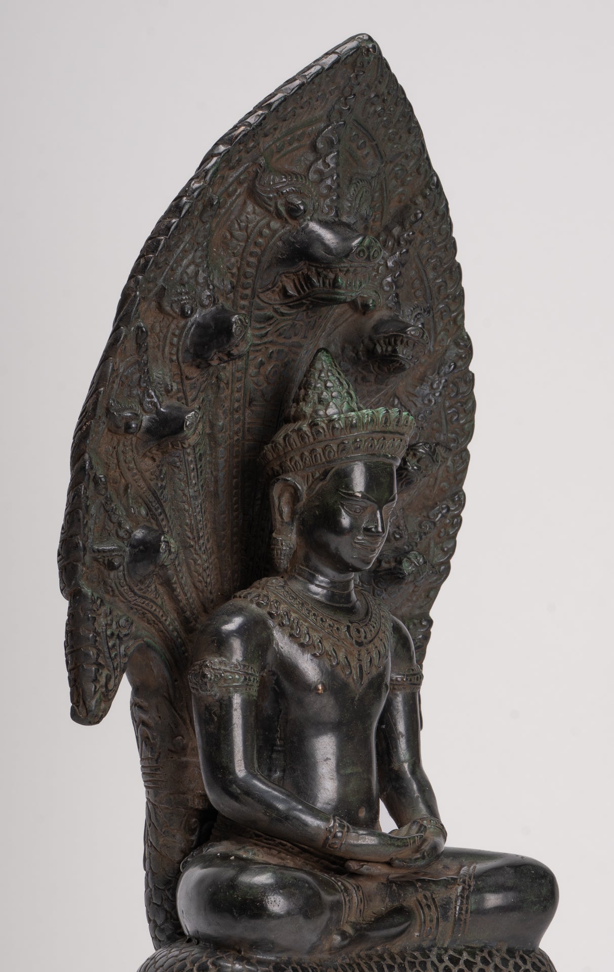 Antique Khmer Style Bronze Seated Meditation Naga Buddha Statue - 52cm/21"