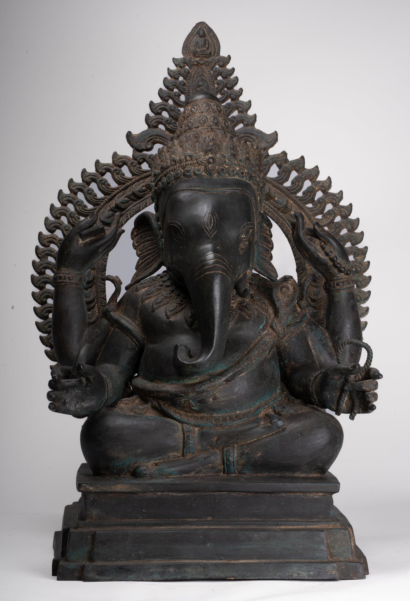 Ganesha Statue - Antique Thai Style Bronze Seated 4-Arm Ganesha Statue - 84cm/34"