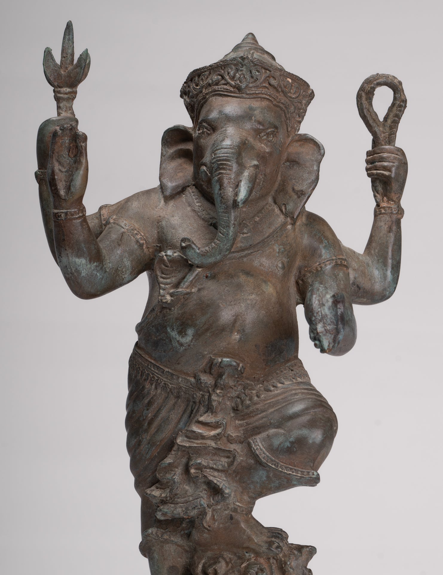 Ganesha Statue - Antique Thai Style Bronze Standing 4-Arm Ganesha Statue - 36cm/14"