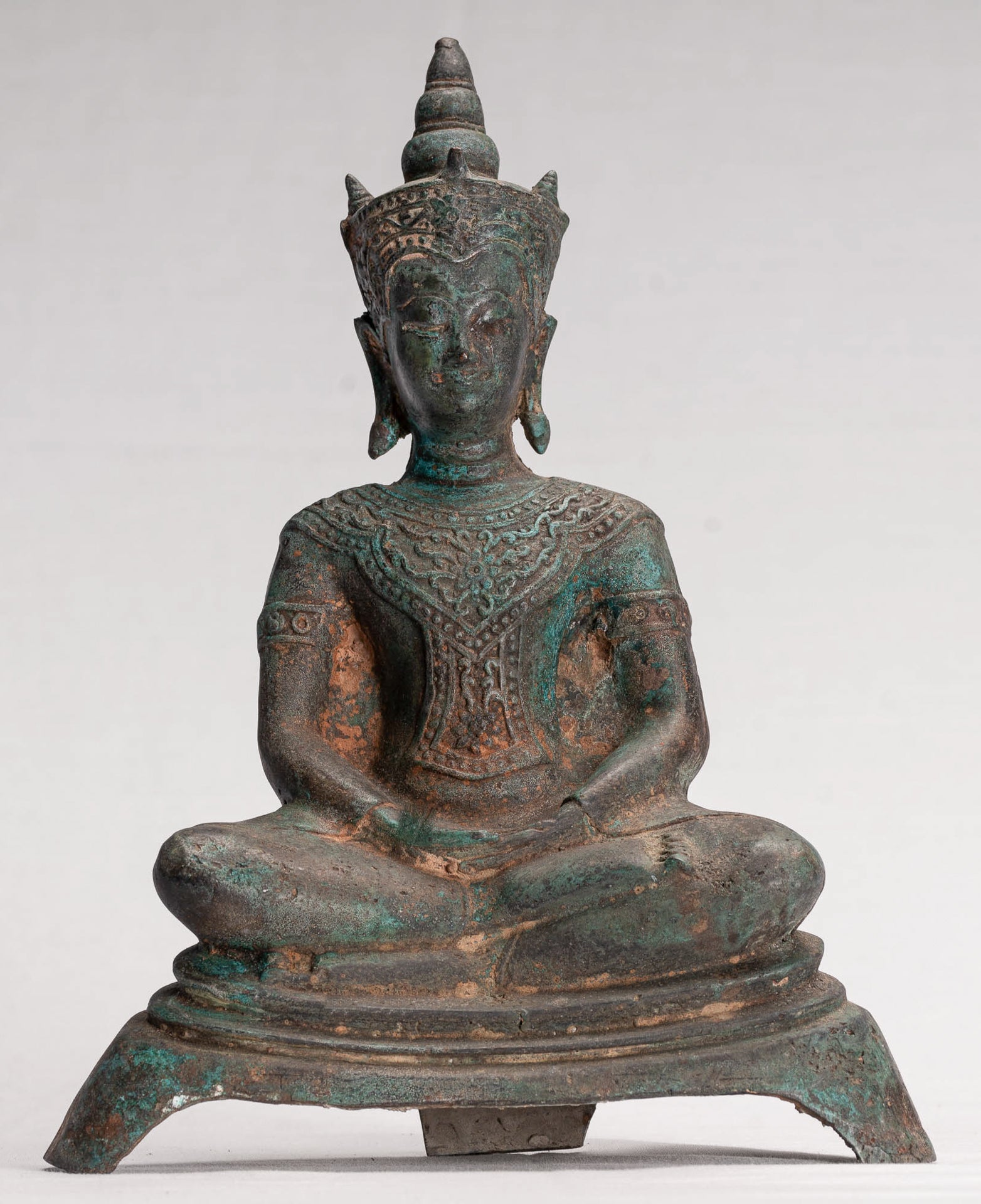 Antique Thai Style Seated Bronze Ayutthaya Meditation Buddha Statue - 26cm/10"